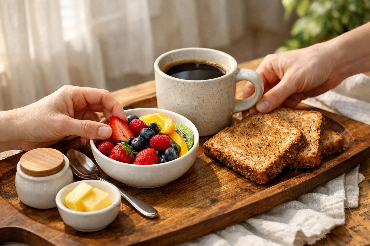 Hands preparing gourmet breakfast tray with care during household transition and nutrition support