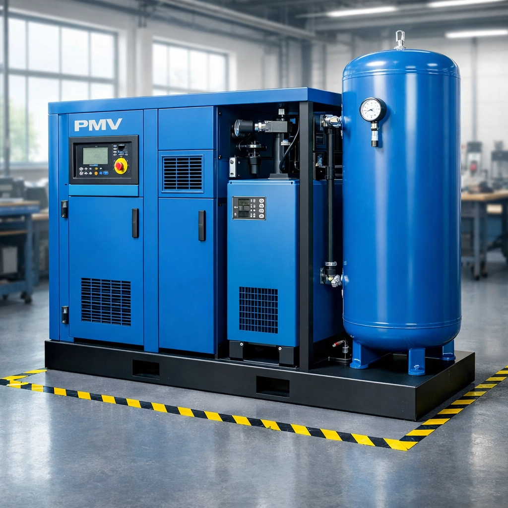 Compact integrated PMV compressor station with receiver tank and dryer in workshop setting
