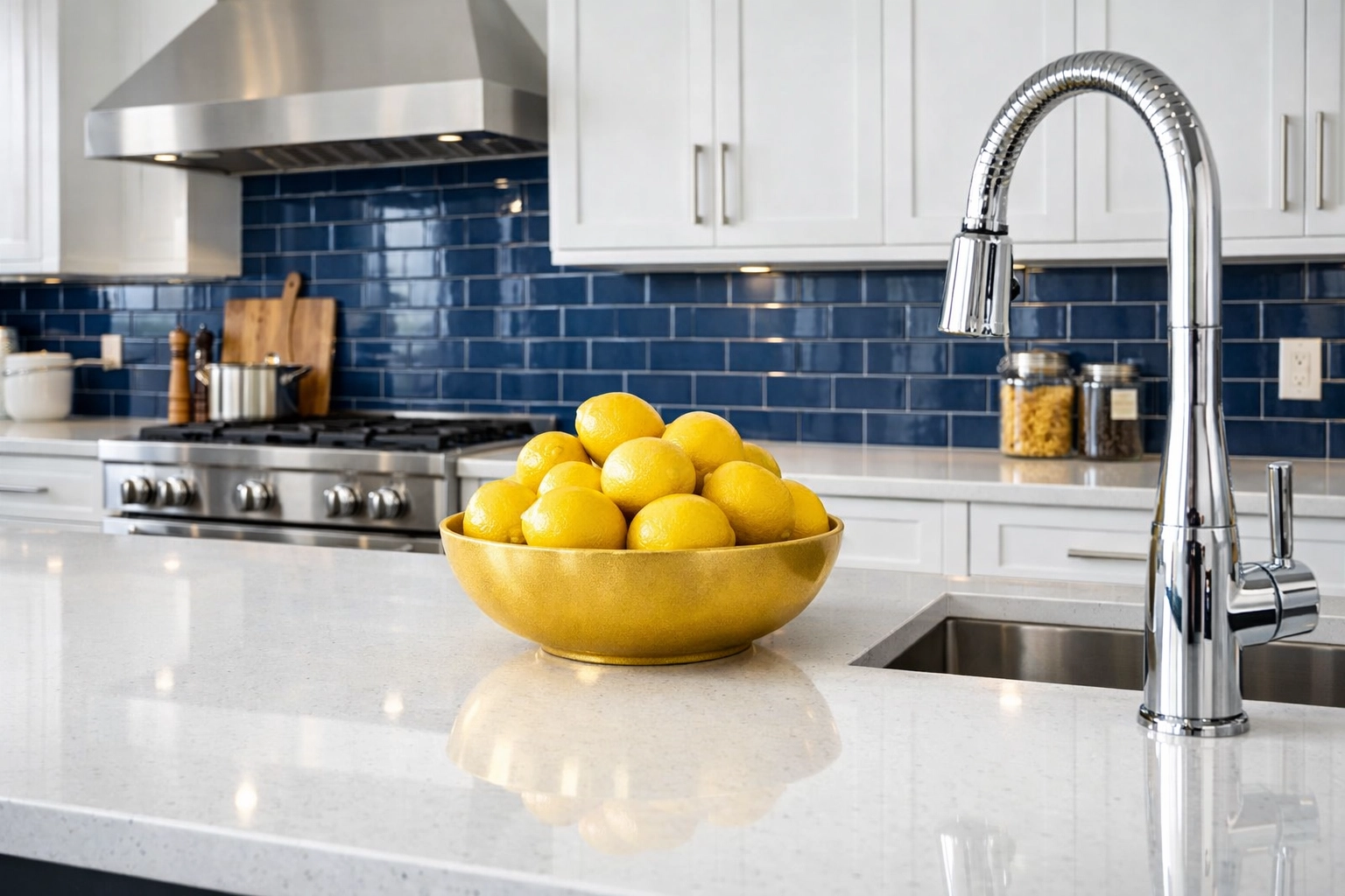 Sanitized luxury kitchen in Foxborough with gleaming quartz countertops and streak-free surfaces.