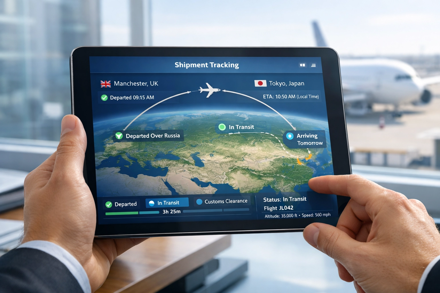 Real-time air freight tracking system showing flight route from Manchester to Tokyo on tablet