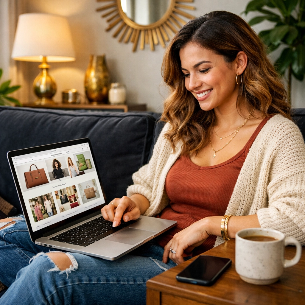 Why Buying Black Will Change the Way You Think About Your Daily Shopping Habits A woman uses a laptop to shop for high-quality fashion at The Black Wall Streets online marketplace.
