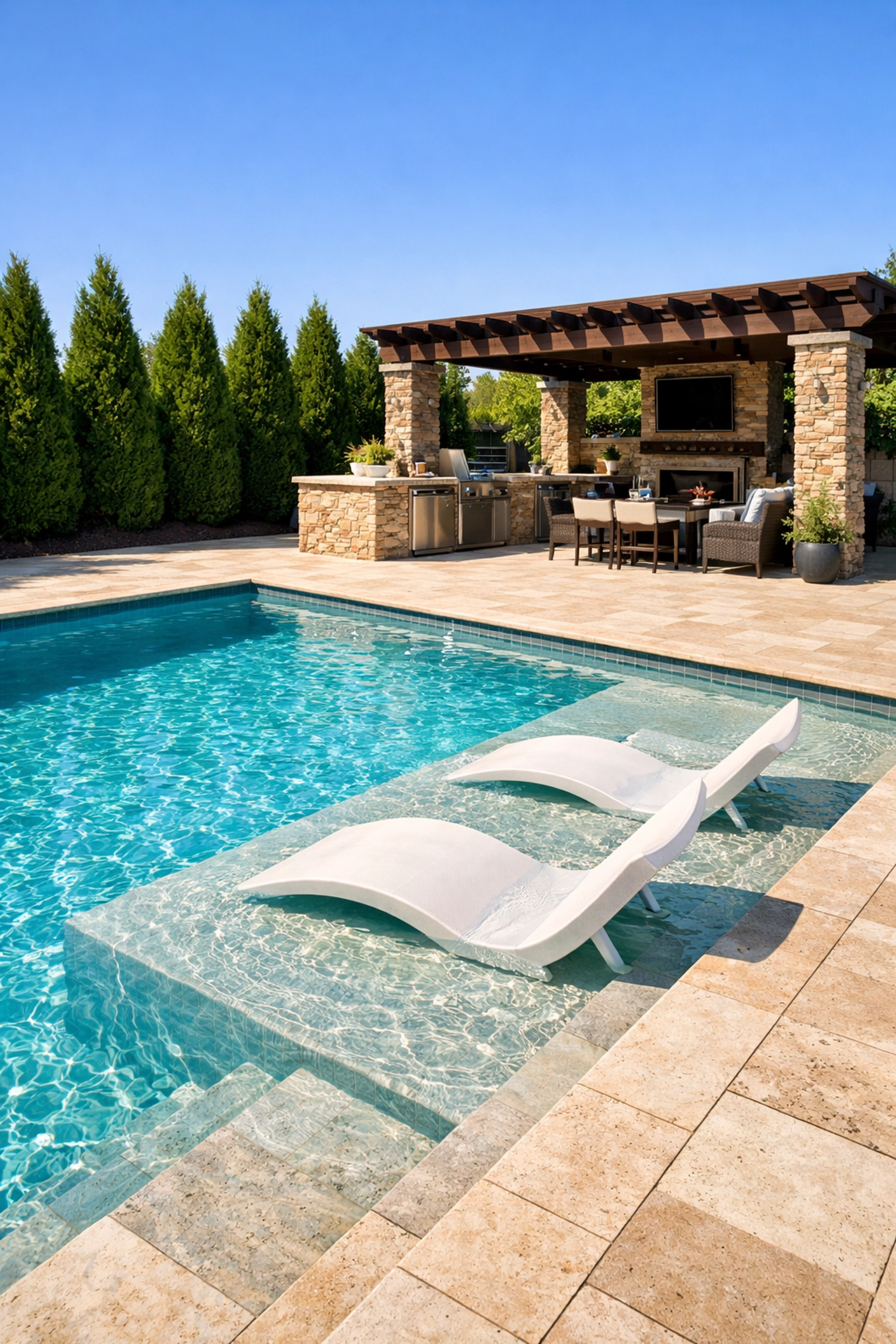 Modern inground pool installation with a travertine deck designed for backyard entertaining.