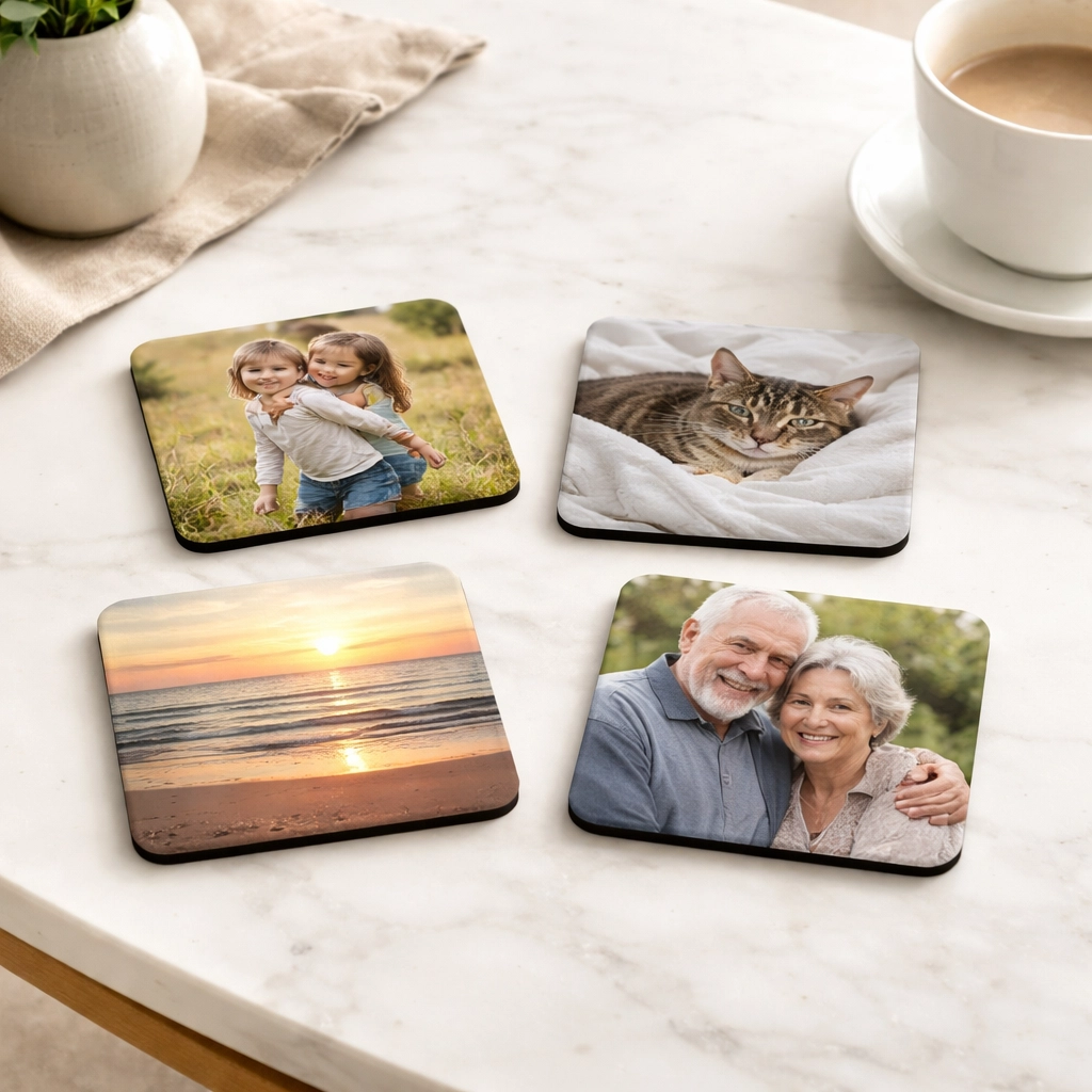 Set of four Hardboard MDF coasters with family and pet photos, perfect for personalised memory gifts