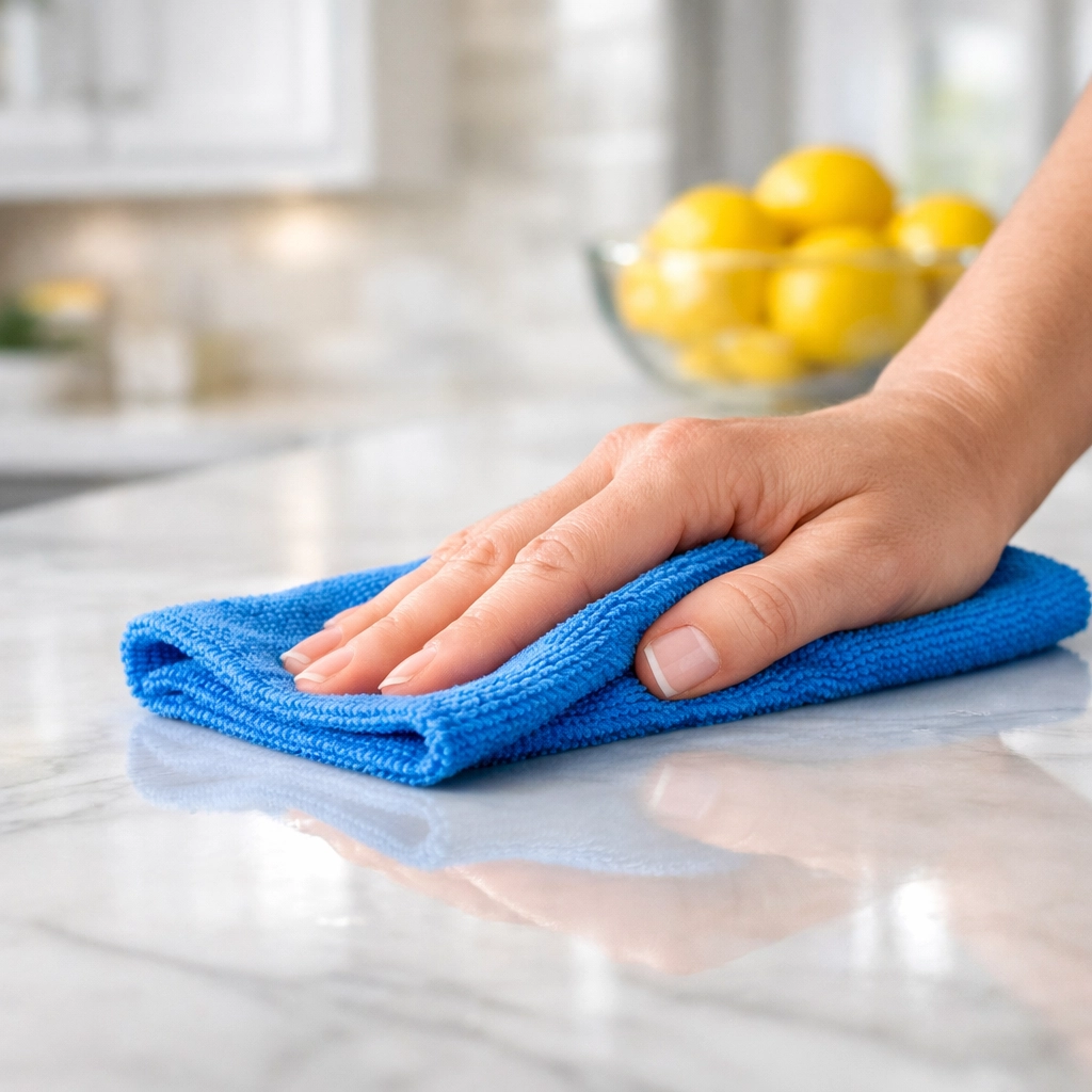 Professional house cleaning Westborough results on a streak-free marble kitchen countertop.
