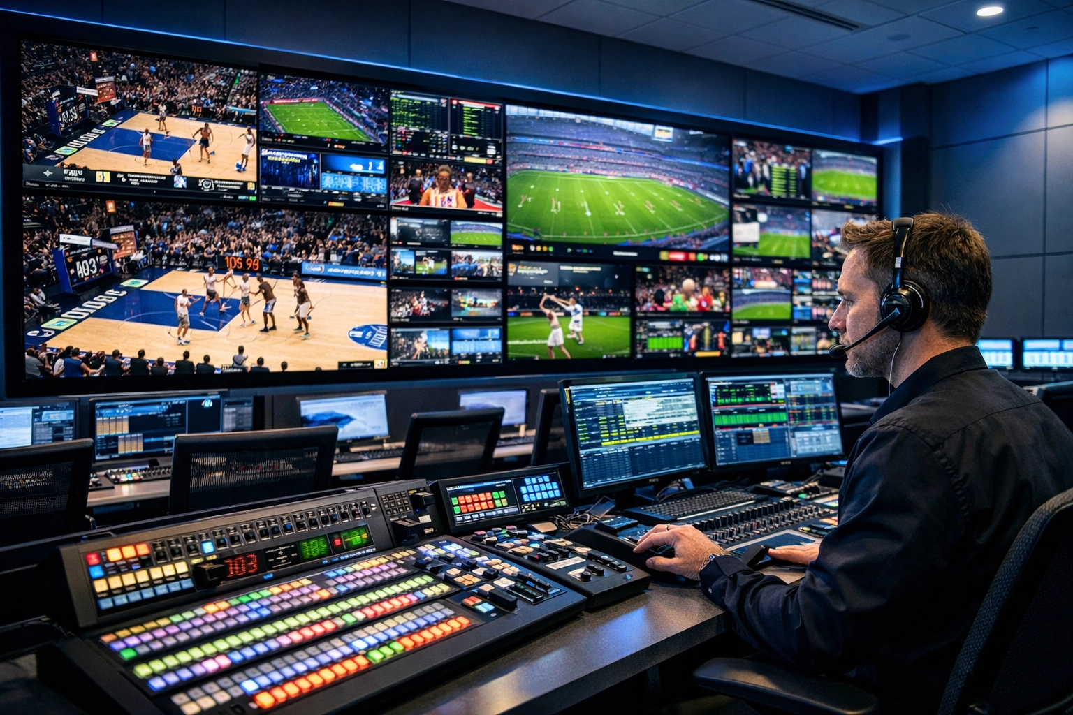 Dakdan Worldwide professional managing remote sports broadcasting feeds in a high-tech control center.