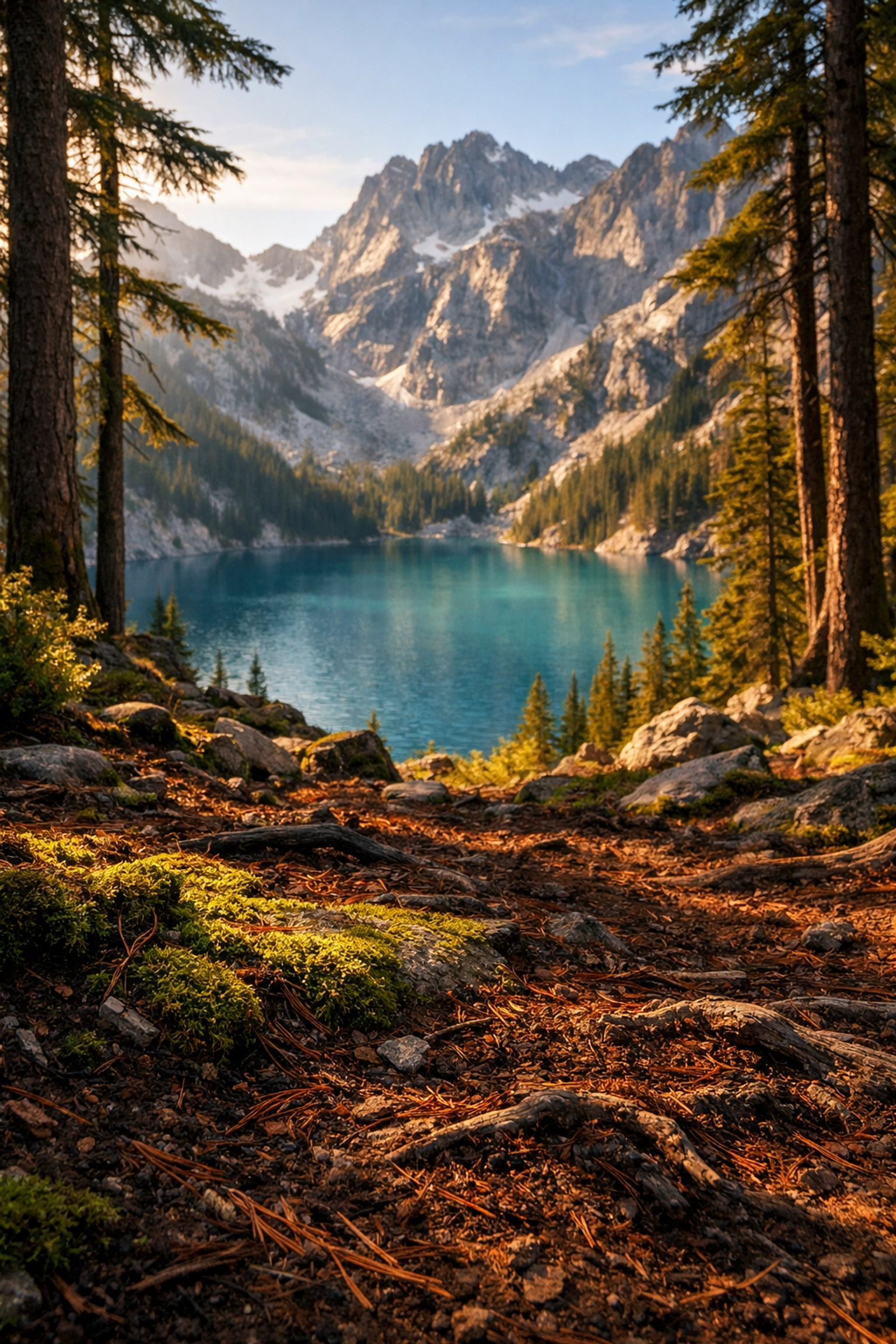 Forest floor overlooking an alpine lake, highlighting the soil filter needed when using river safe soap.