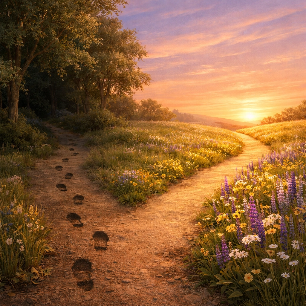 Two diverging paths in sunlit meadow symbolizing choice between old patterns and new healing journey