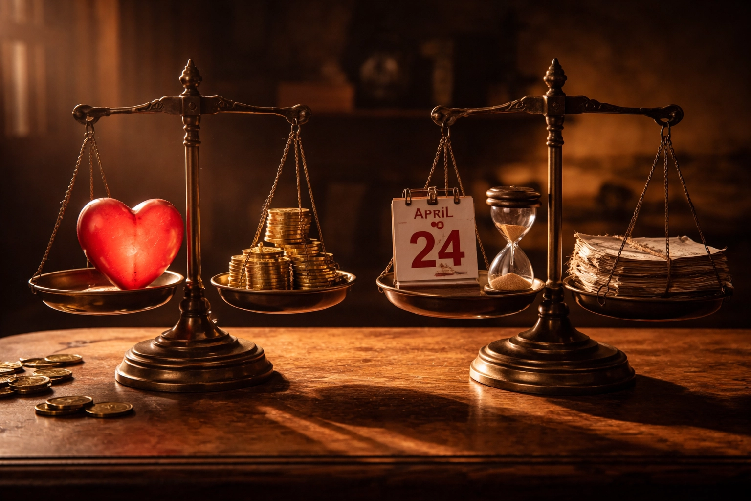 Two vintage scales balancing a heart, coins, calendar, and documents visualize balancing risk capacity and risk tolerance.