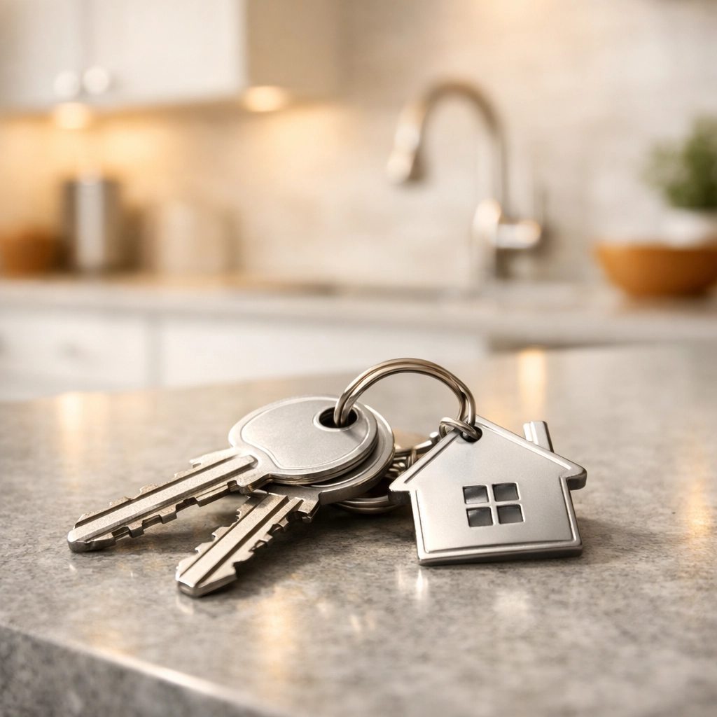 Silver house keys on a modern counter representing a successful tenant screening and move-in in Saskatoon.