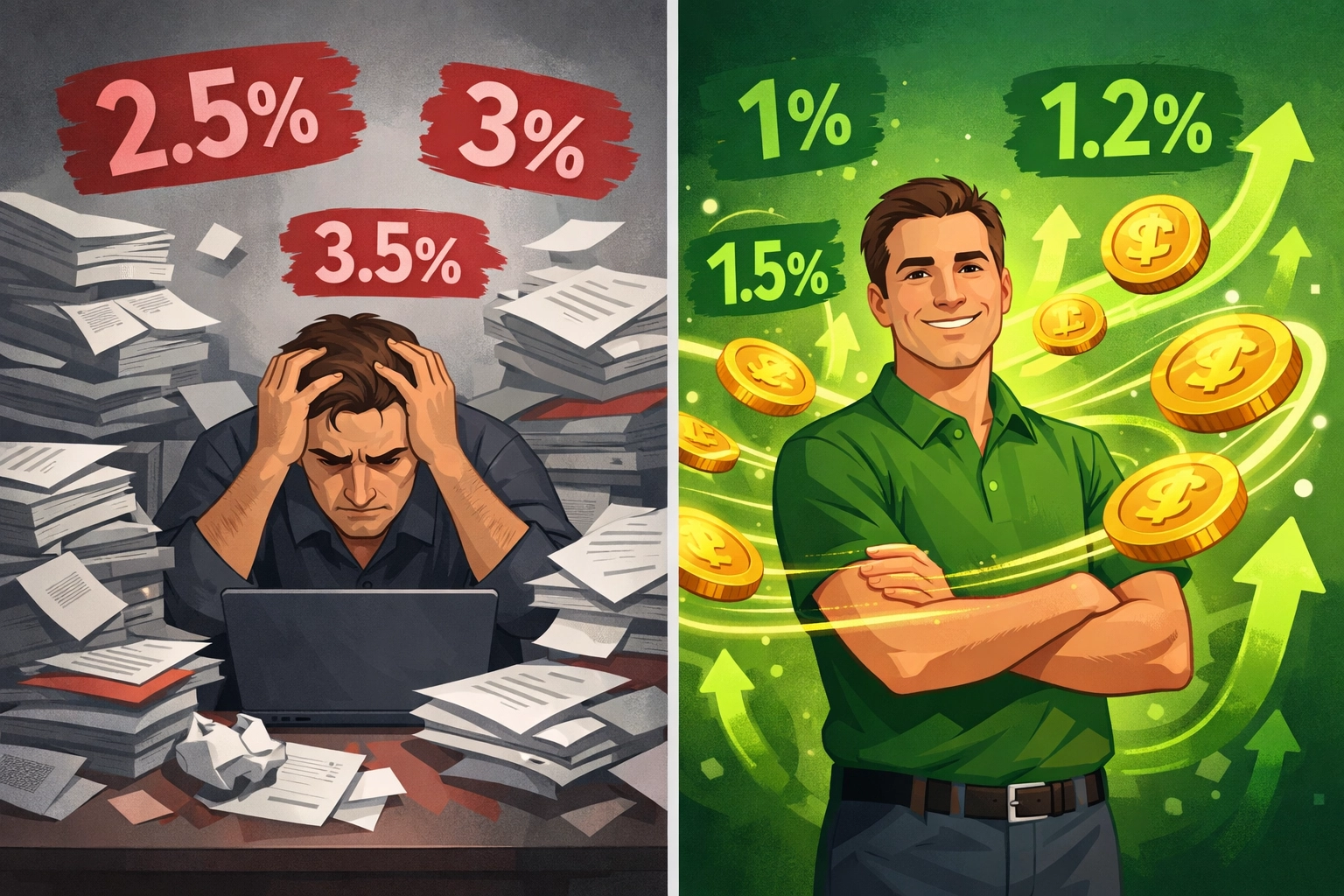 Merchant fee comparison showing 50% savings with Larecoin vs legacy payment processors
