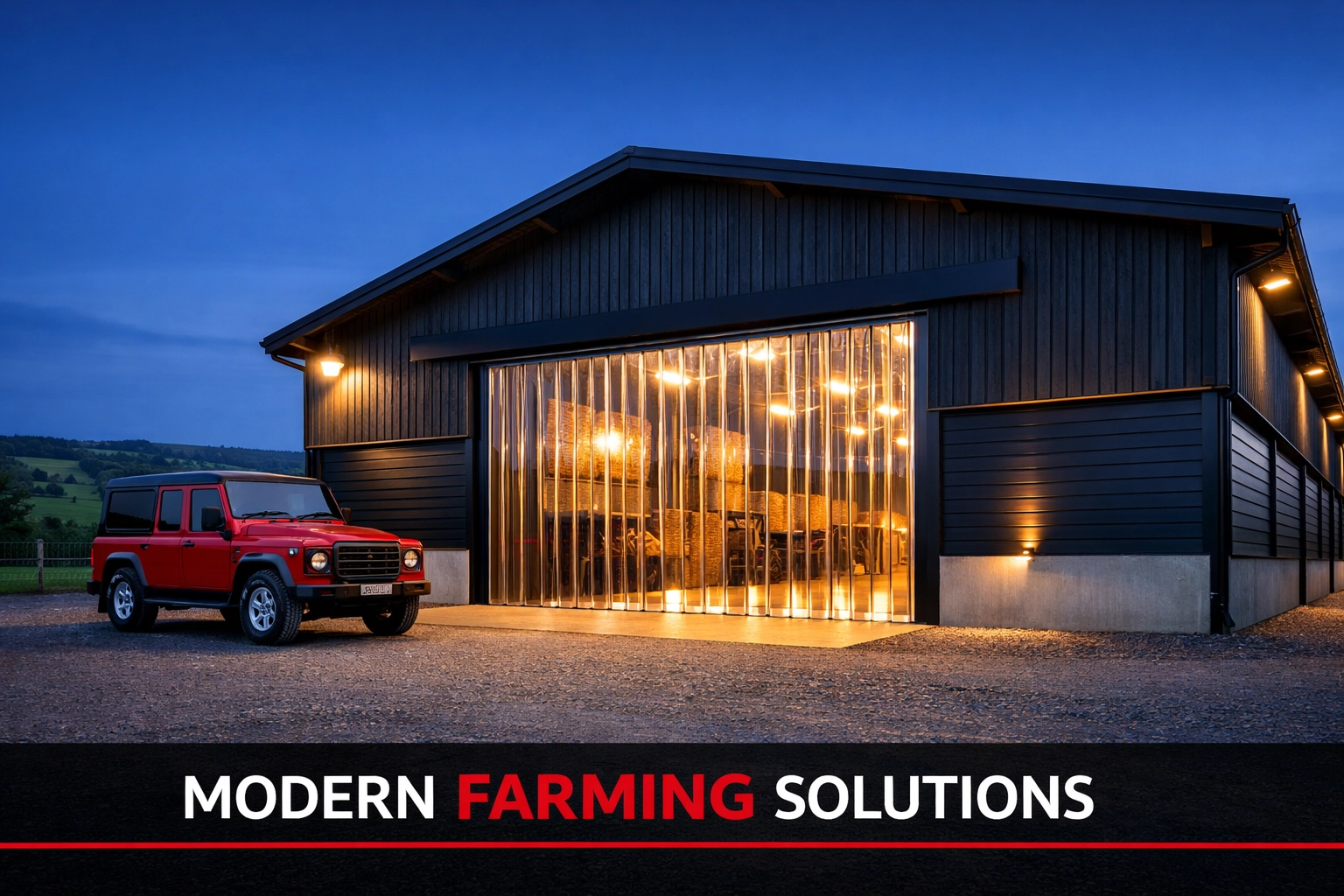 Modern UK farm building with transparent PVC strip curtains installed for draft-proofing and insulation.