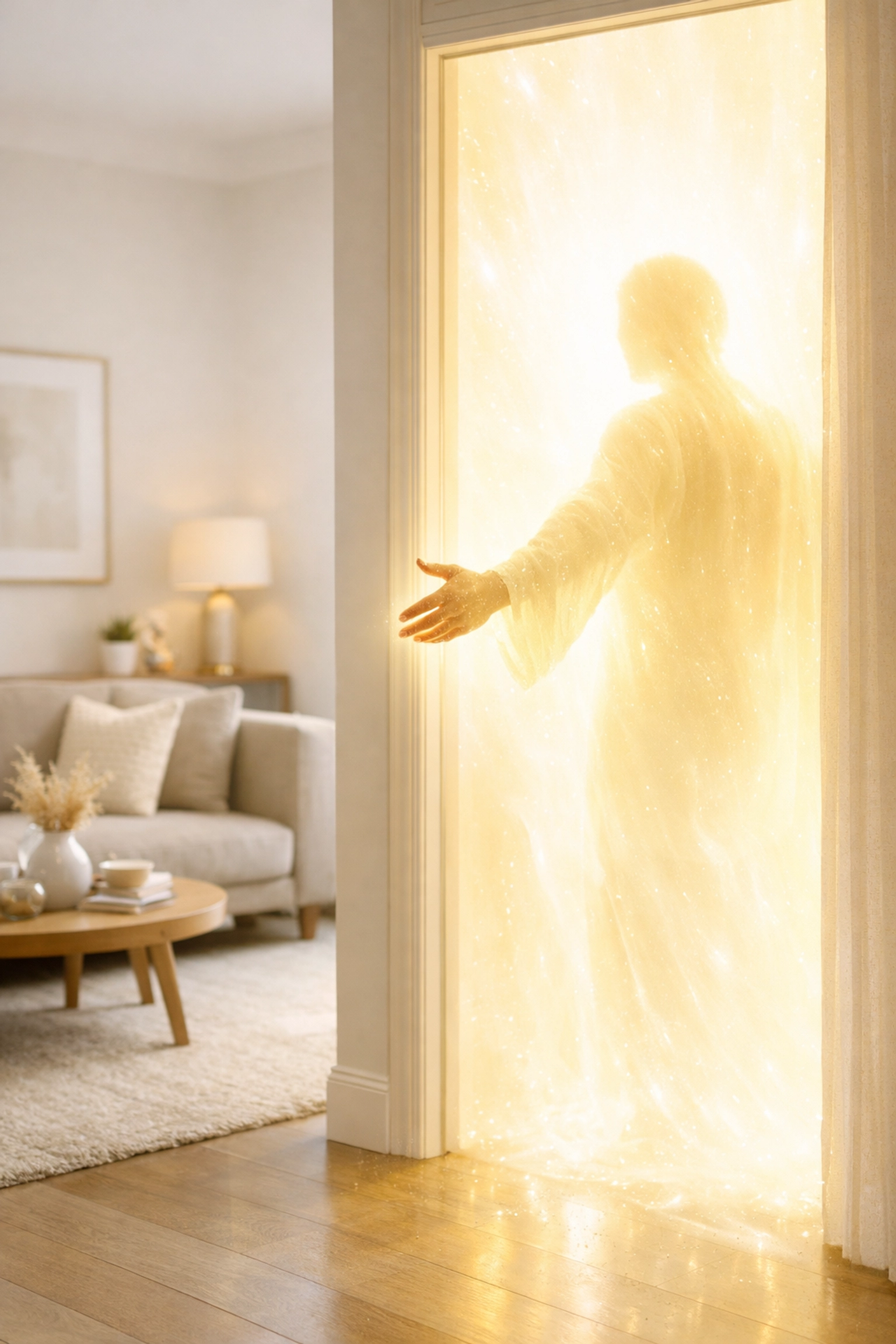 Spirit reaching from afterlife through doorway of light to earthly realm