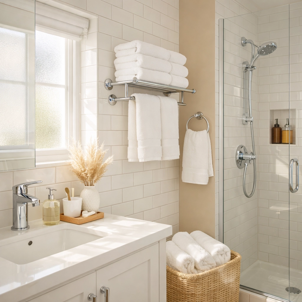 Professionally cleaned bathroom with fresh towels from recurring cleaning service