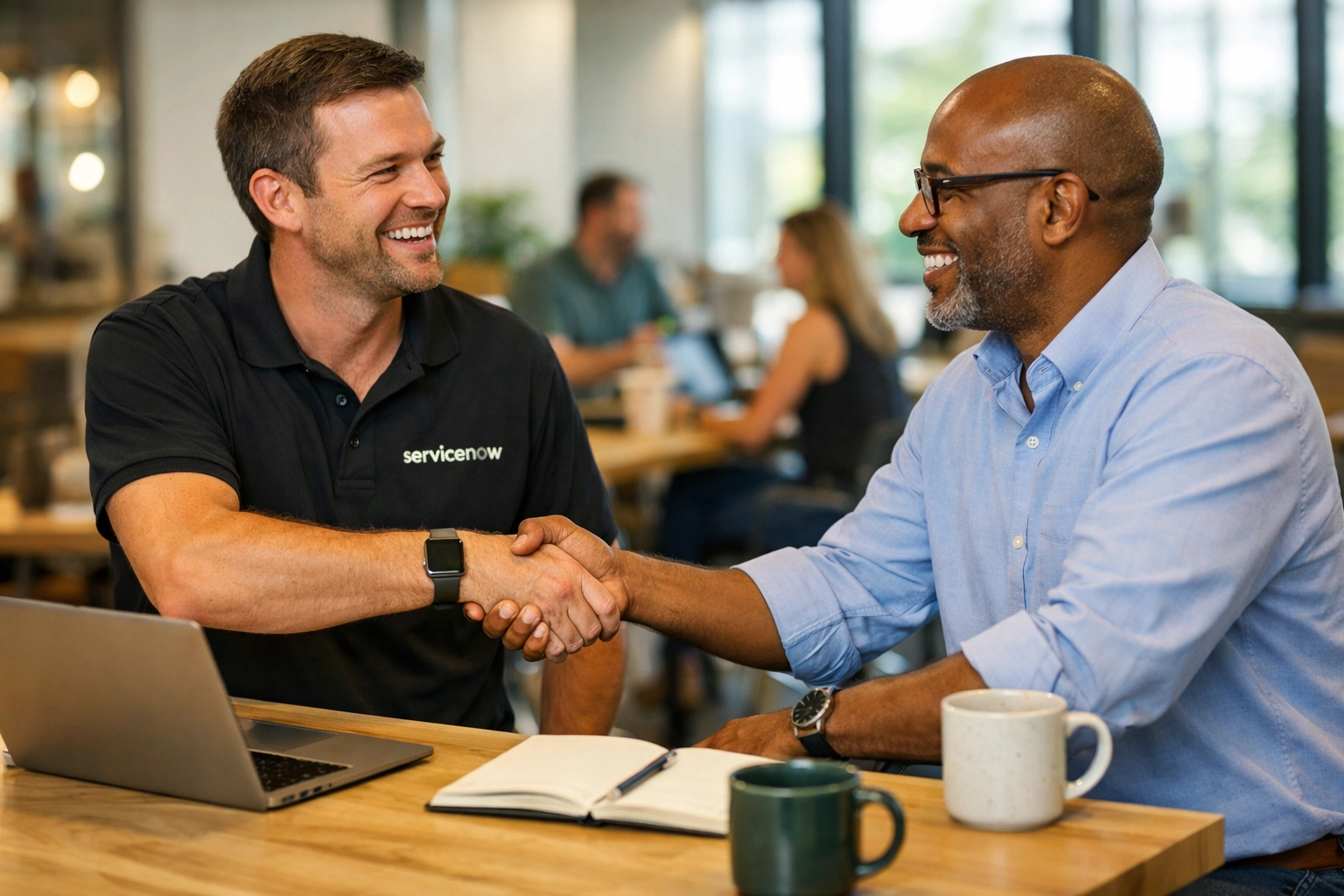 ServiceNow implementation partner and client shaking hands to confirm a successful consulting project.