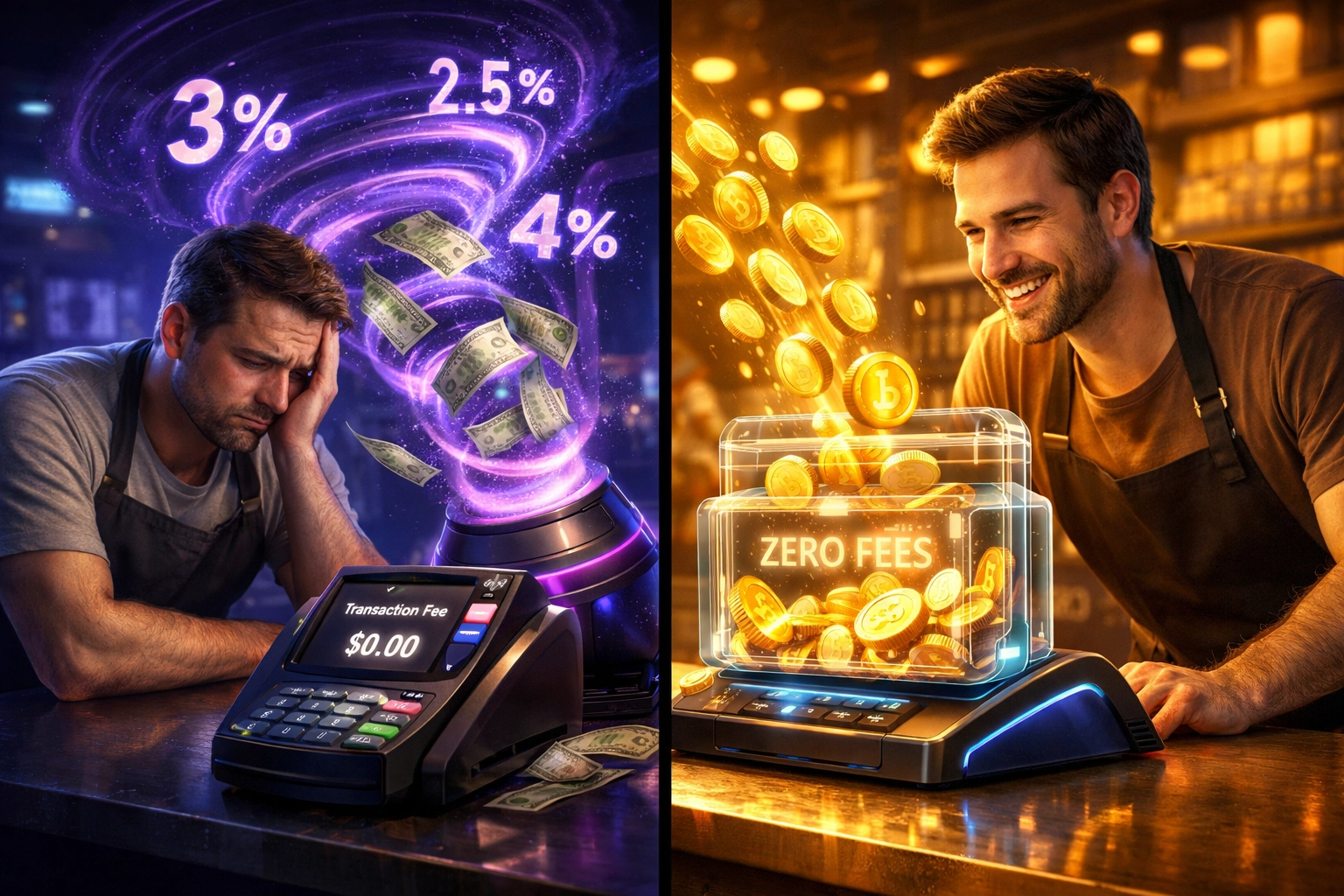 Merchant comparing traditional payment fees versus Larecoin's zero-fee crypto payment system