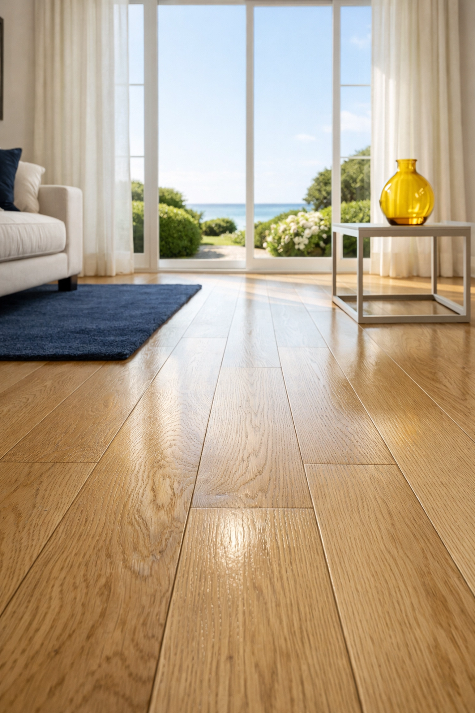 Spotless Edgartown living room showing professional deep cleaning results on hardwood floors and baseboards.