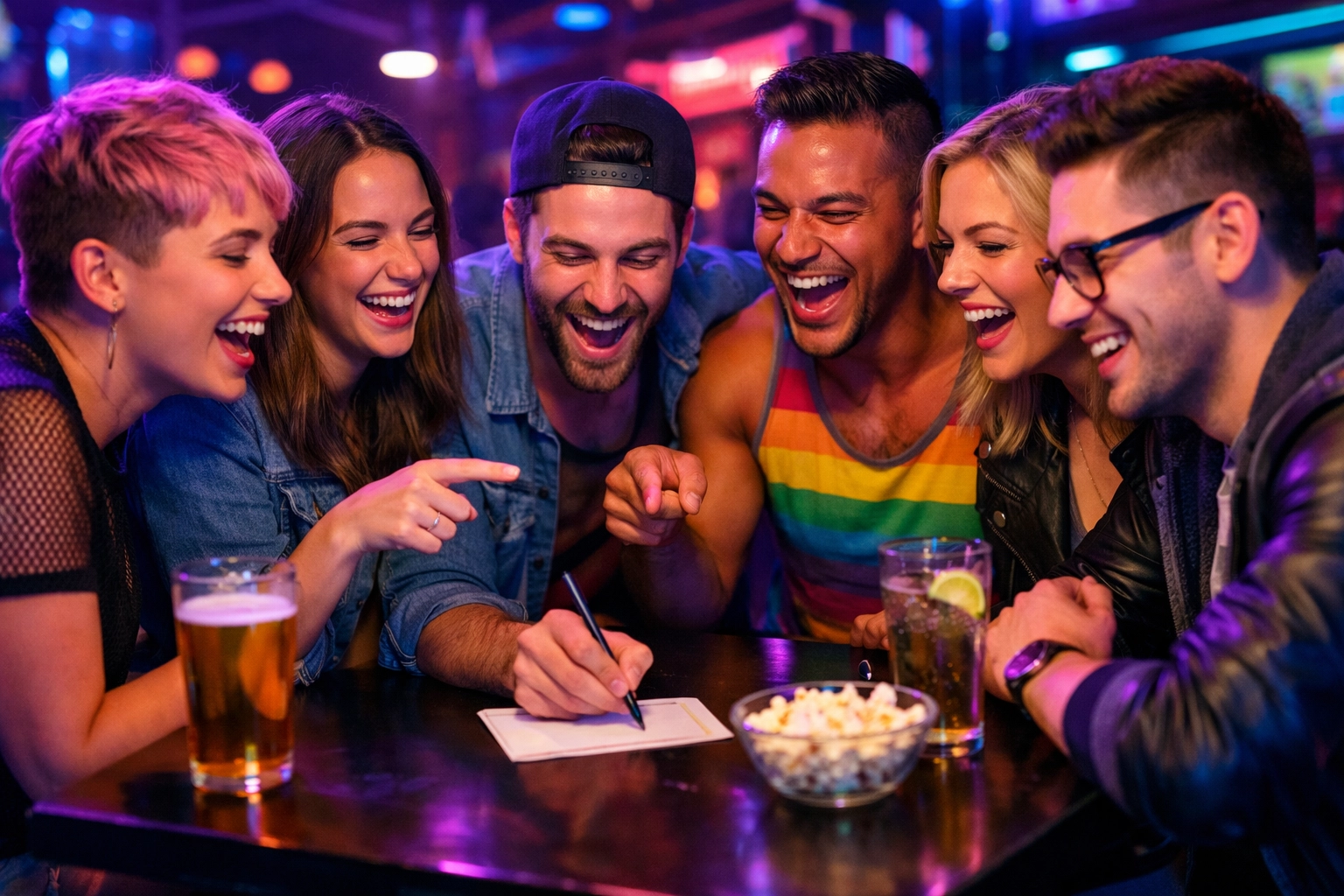 LGBTQ+ friends laughing during a queer trivia night at a neon-lit bar, building real-life found family connections.