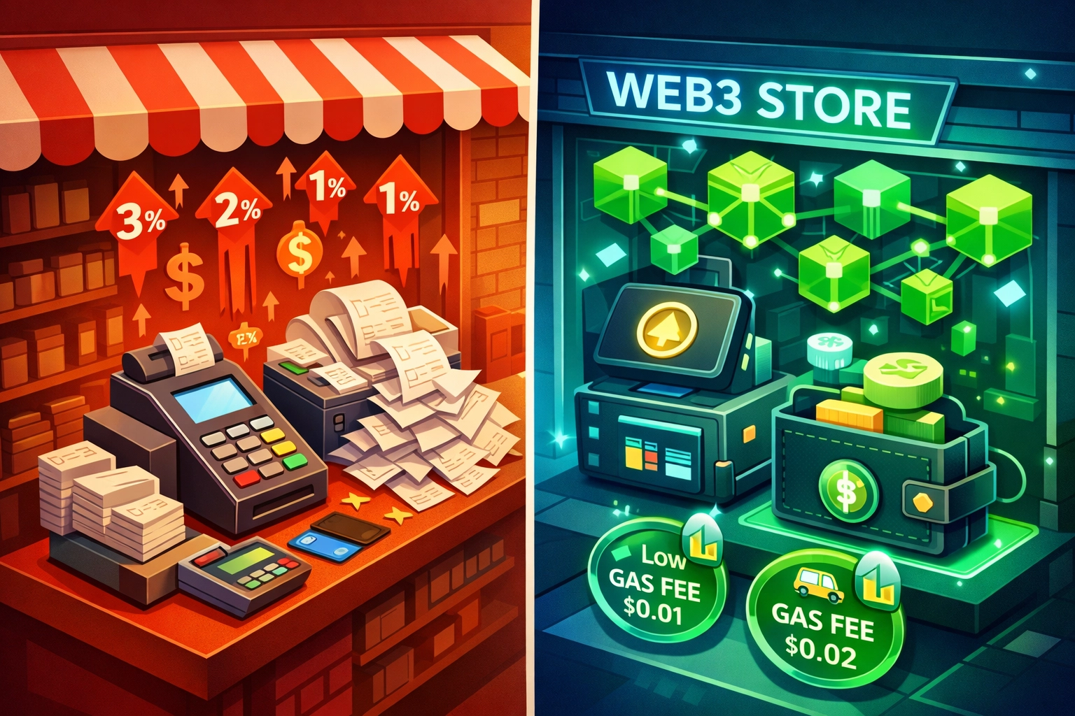 Traditional merchant with high percentage fees vs Web3 store with flat gas-only transaction costs