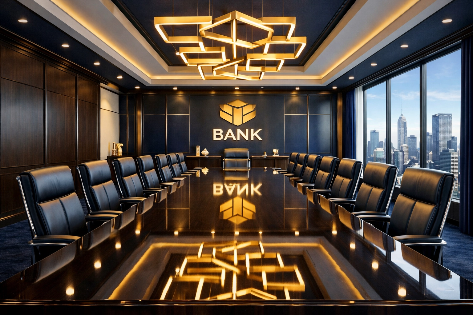 Elite executive boardroom with a polished conference table and spotless windows overlooking the city.