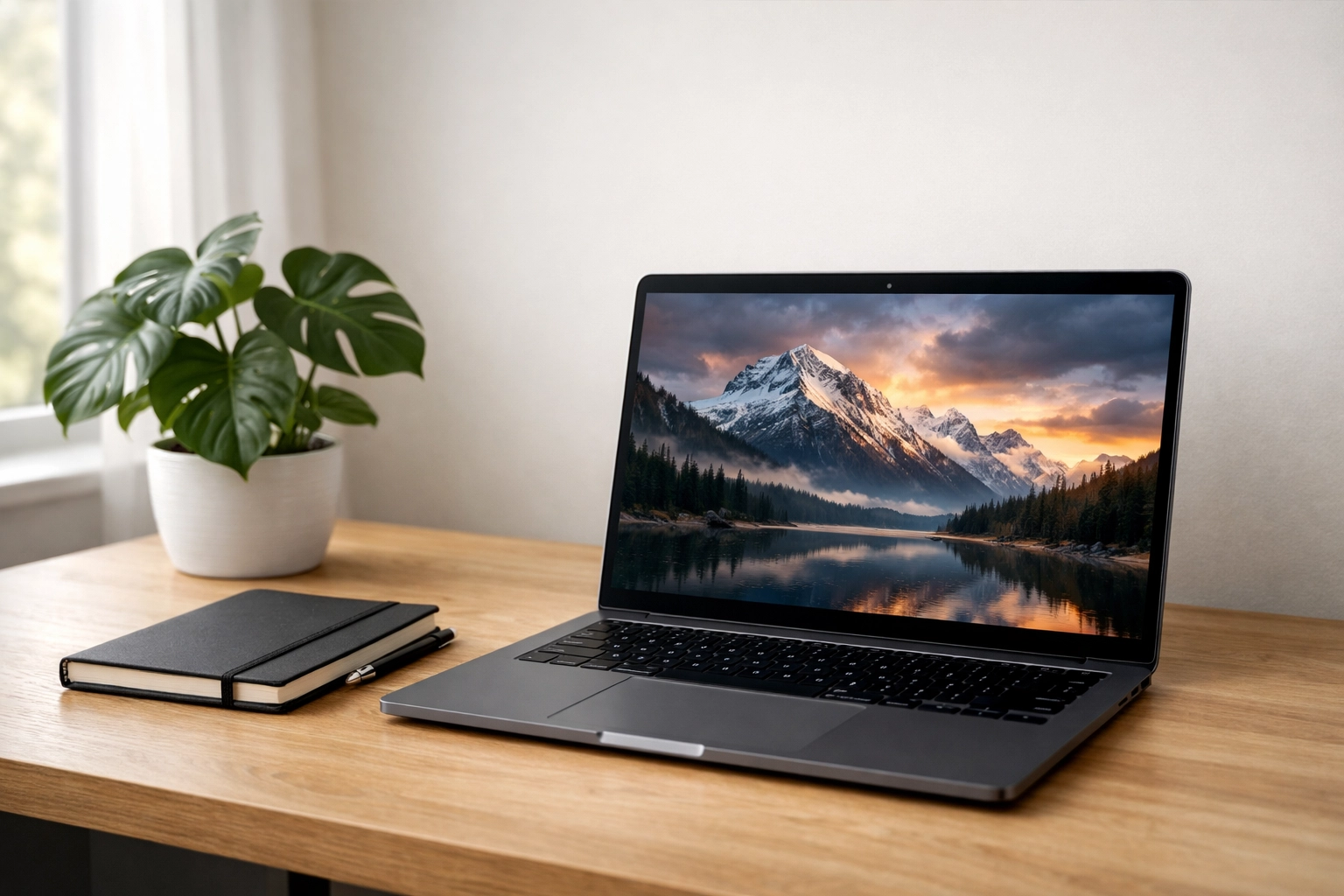 Minimalist home office laptop displaying a high-definition video created with text-to-video AI tools.
