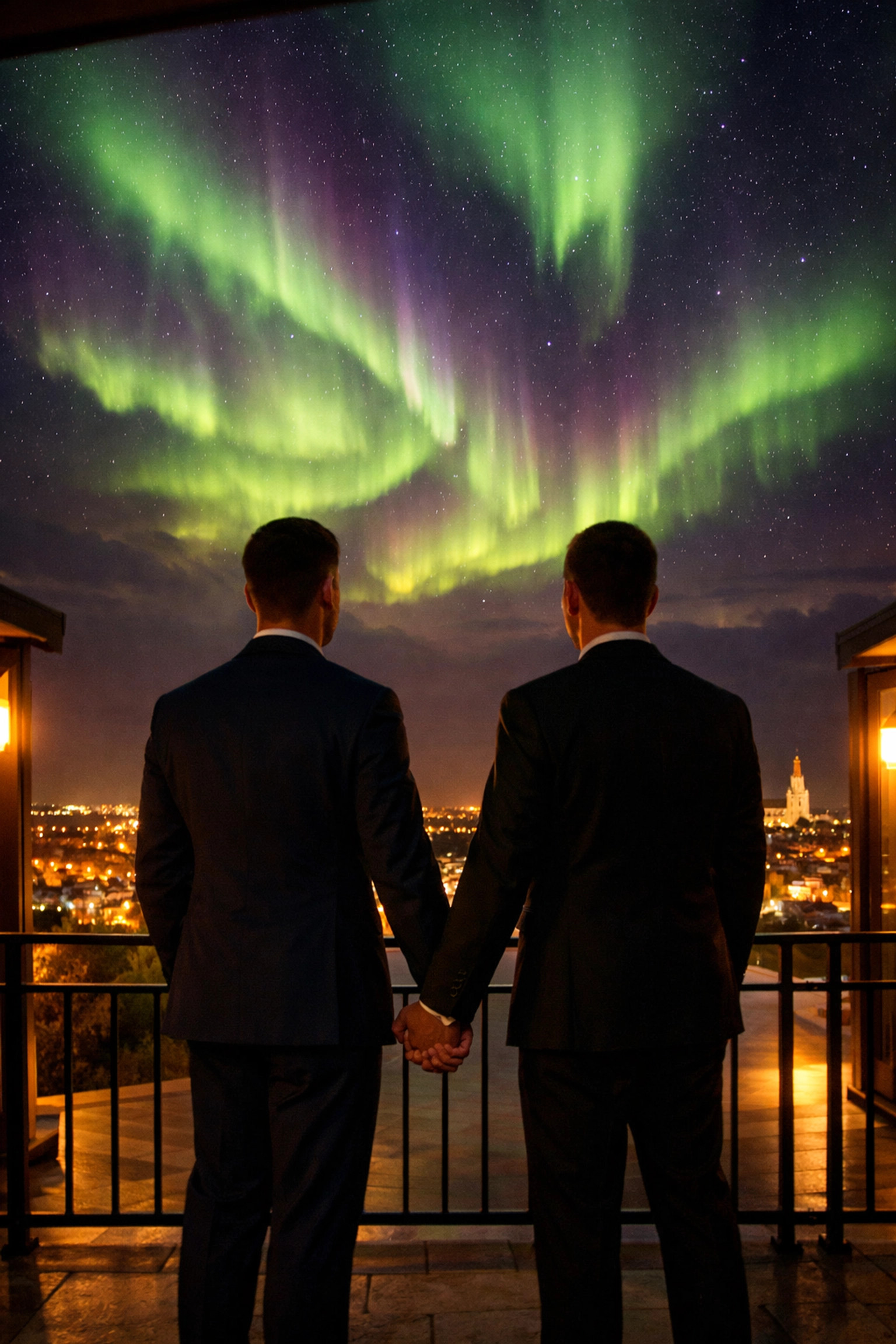 Gay couple watches northern lights after their Lutheran wedding ceremony in Reykjavik Iceland