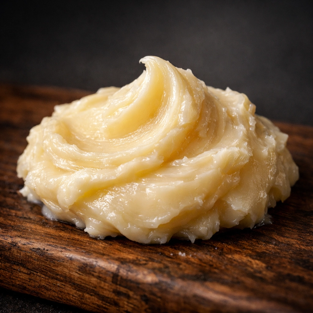A thick, creamy scoop of deep conditioning beard butter resting on a rustic wood surface.