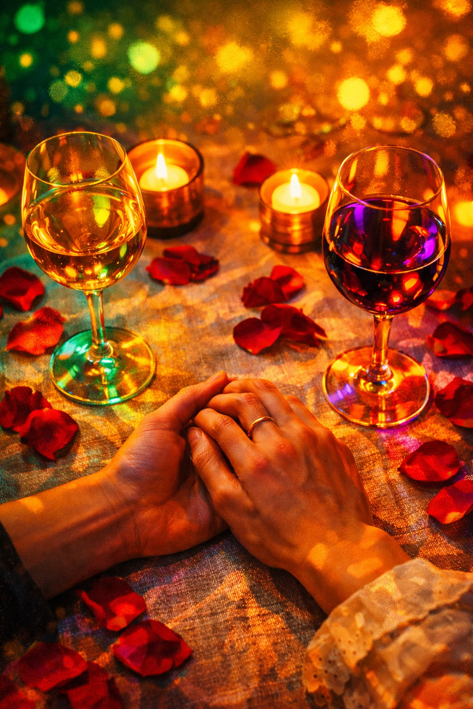 Intimate dinner setting showing slow dating trend with couple holding hands over candlelit table