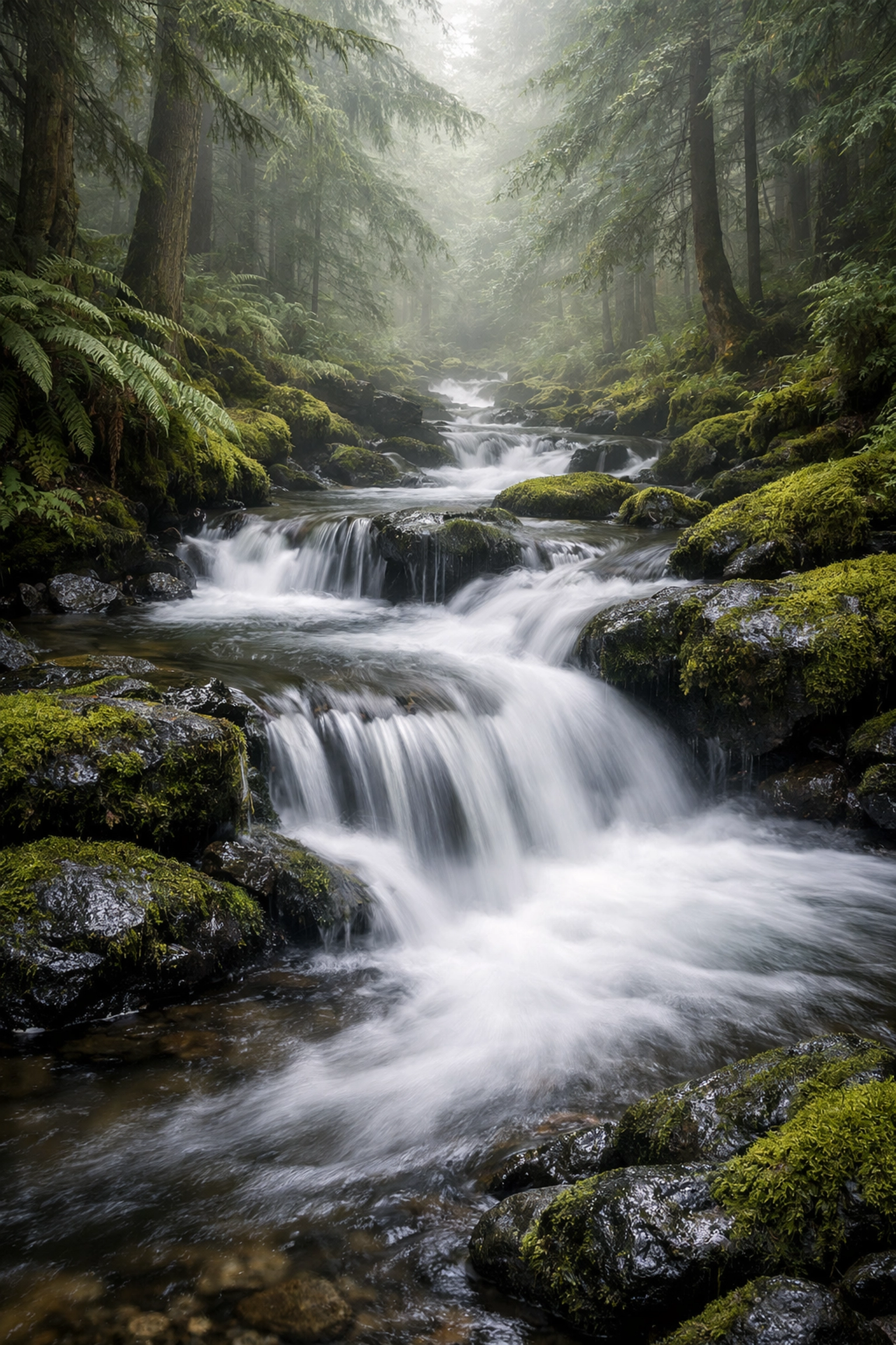 Silky water in a forest creek captured using slow shutter speed and manual mode camera techniques.