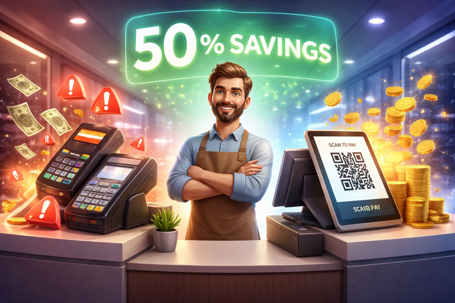 Small business owner comparing payment options; saving 50% on fees with crypto POS QR code vs traditional credit cards.