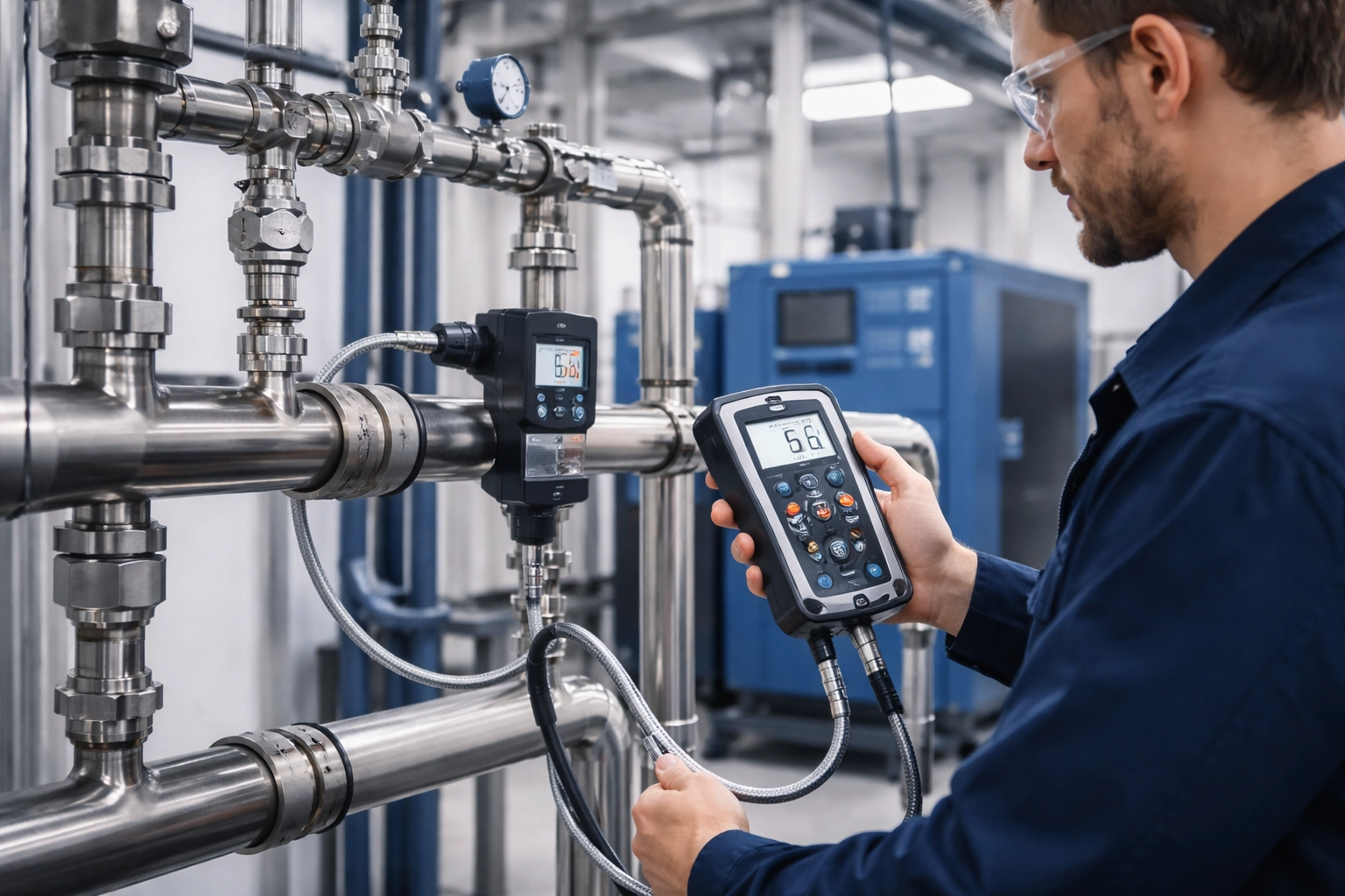 Technician monitors compressed air system with a blue screw air compressor, highlighting proper sizing and efficiency.