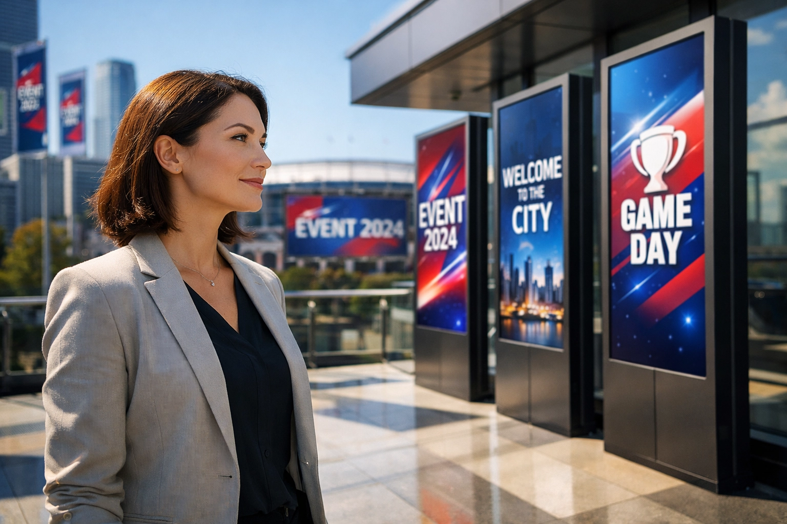 Professional executive observing digital recruitment displays in a modern city environment during a major event.