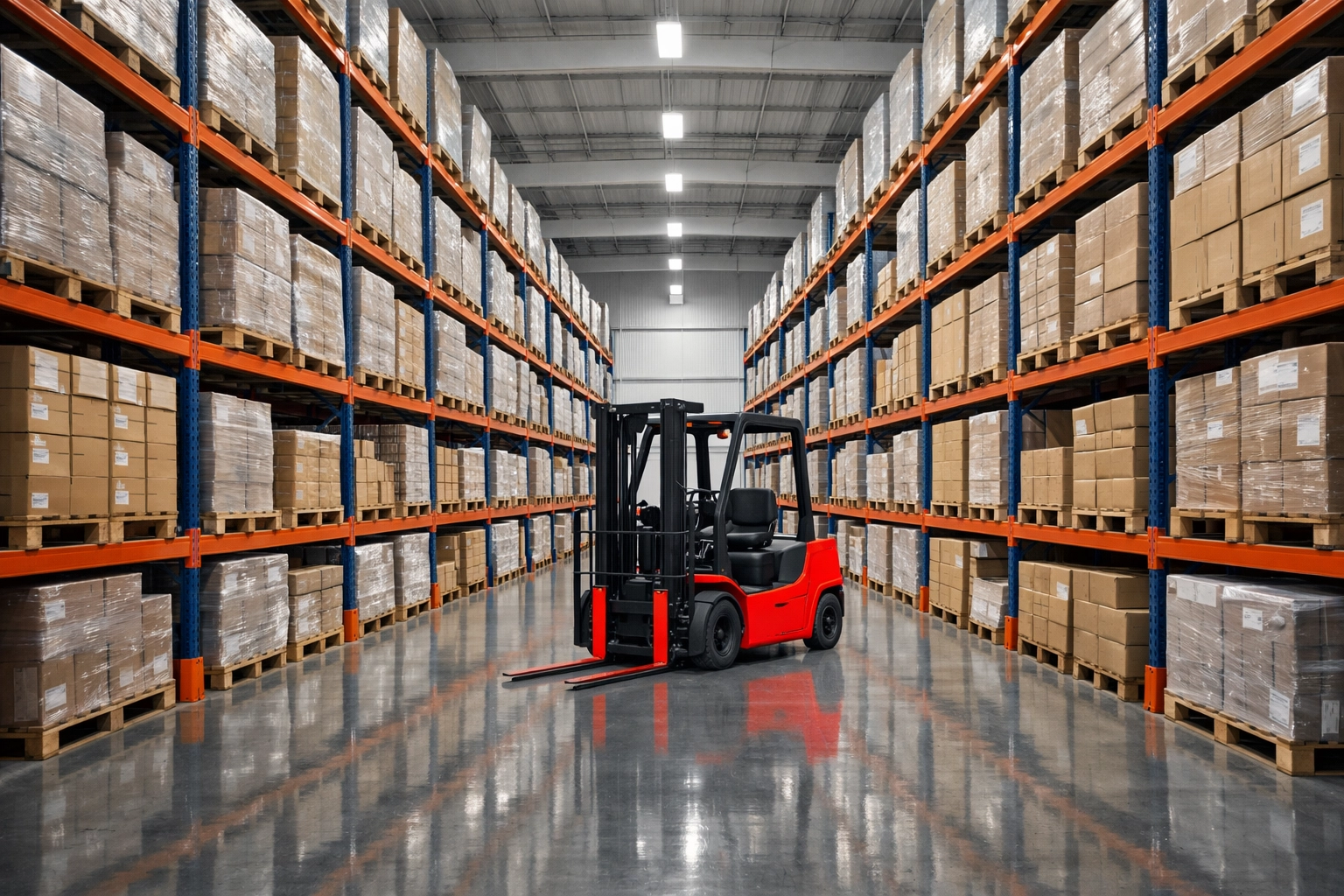 Inside a professional Hertford warehouse facility with organized pallet storage and equipment.