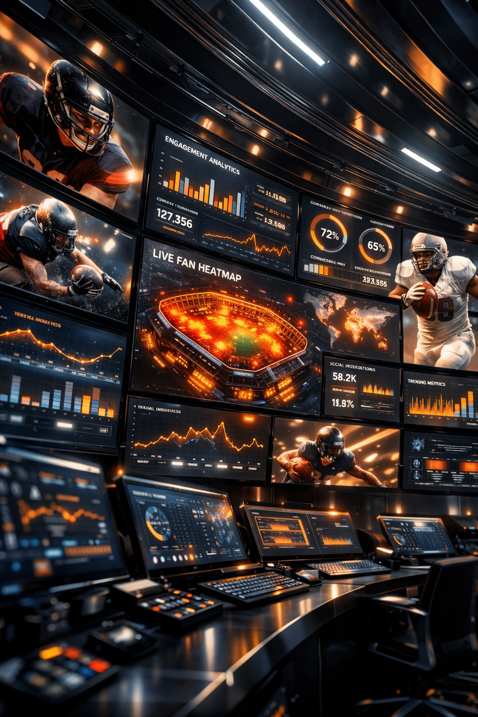 Modern digital marketing command center displaying real-time sports analytics and high-performance fan engagement.