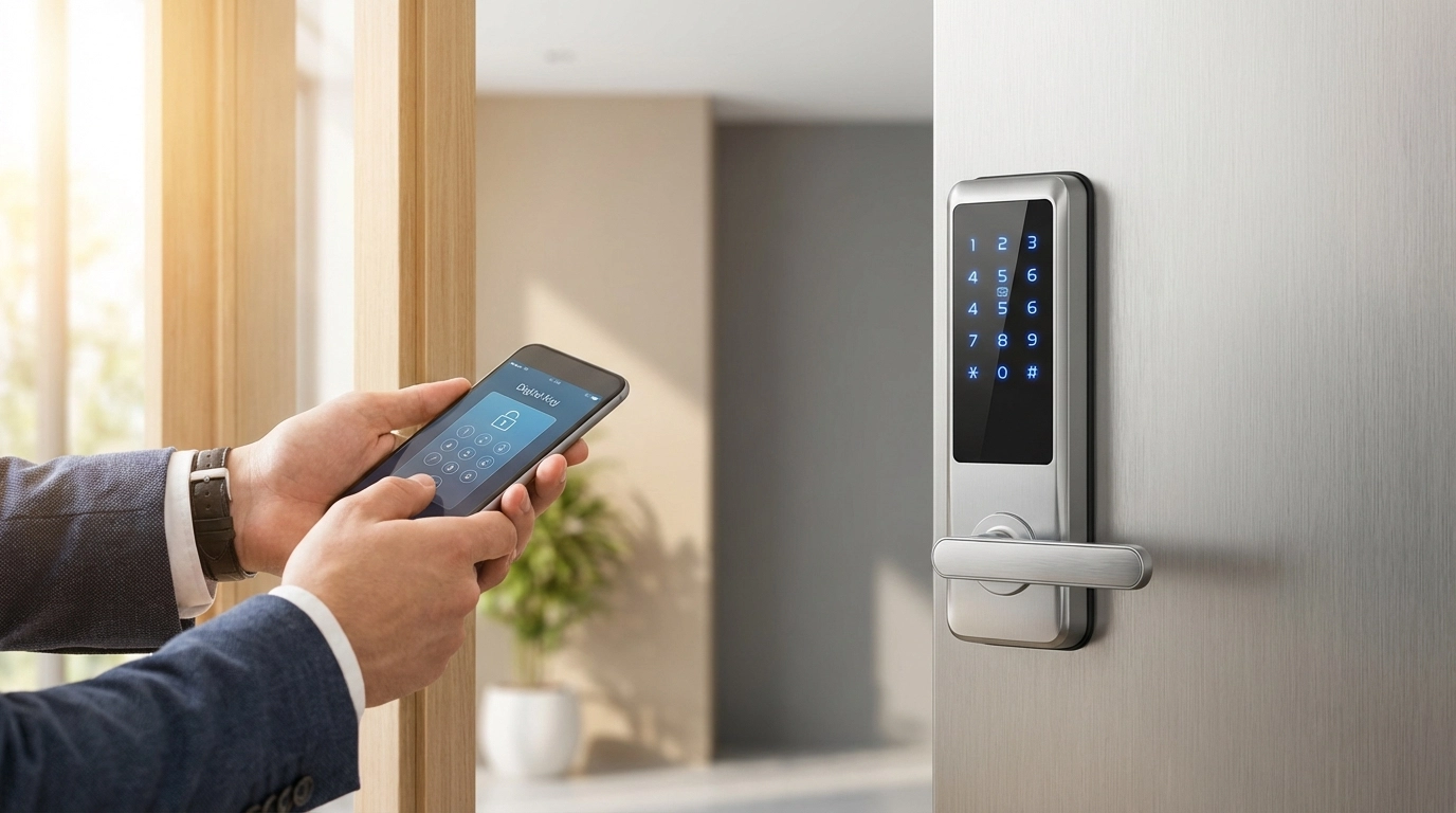 Business traveller using self check-in smart lock/keypad at a modern short-term stay entrance, warm light, stock-style photo.