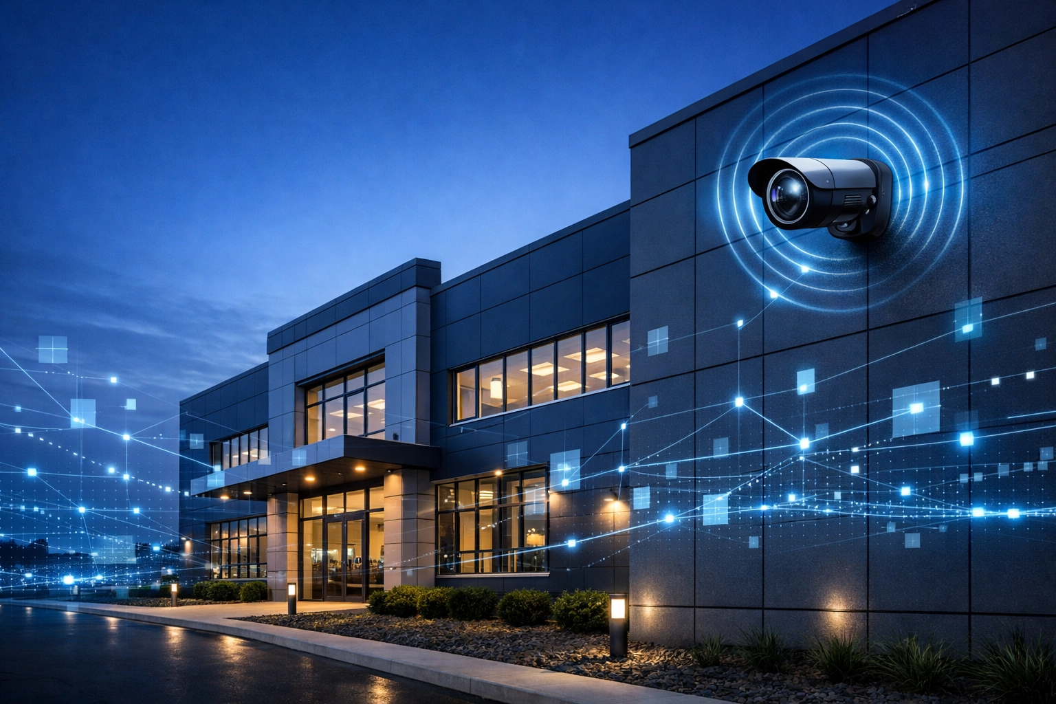 Integrated security camera on a Michigan business representing 911 Camera Share and Managed IT connectivity.