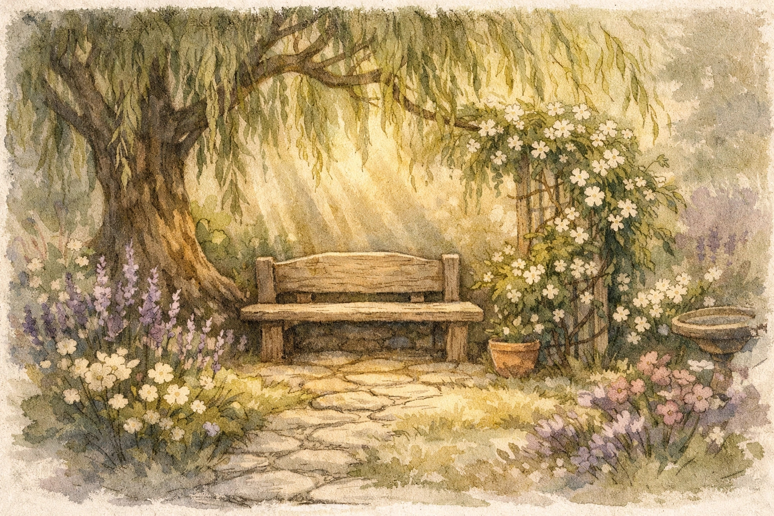 A quiet garden sanctuary with soft sunlight, representing a peaceful midday reset for Christian parents.