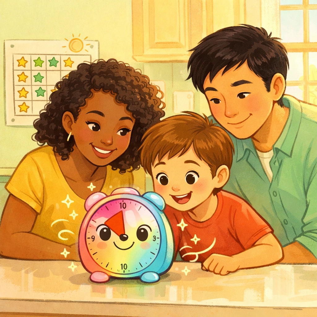 Illustration of parents and a young child happily setting a colorful bedwetting alarm clock together, symbolizing a positive bedtime routine for managing pediatric bedwetting (nocturnal enuresis). The image highlights family support, bladder training strategies, and behavioral approaches used to help children develop nighttime bladder control and overcome bedwetting with confidence.