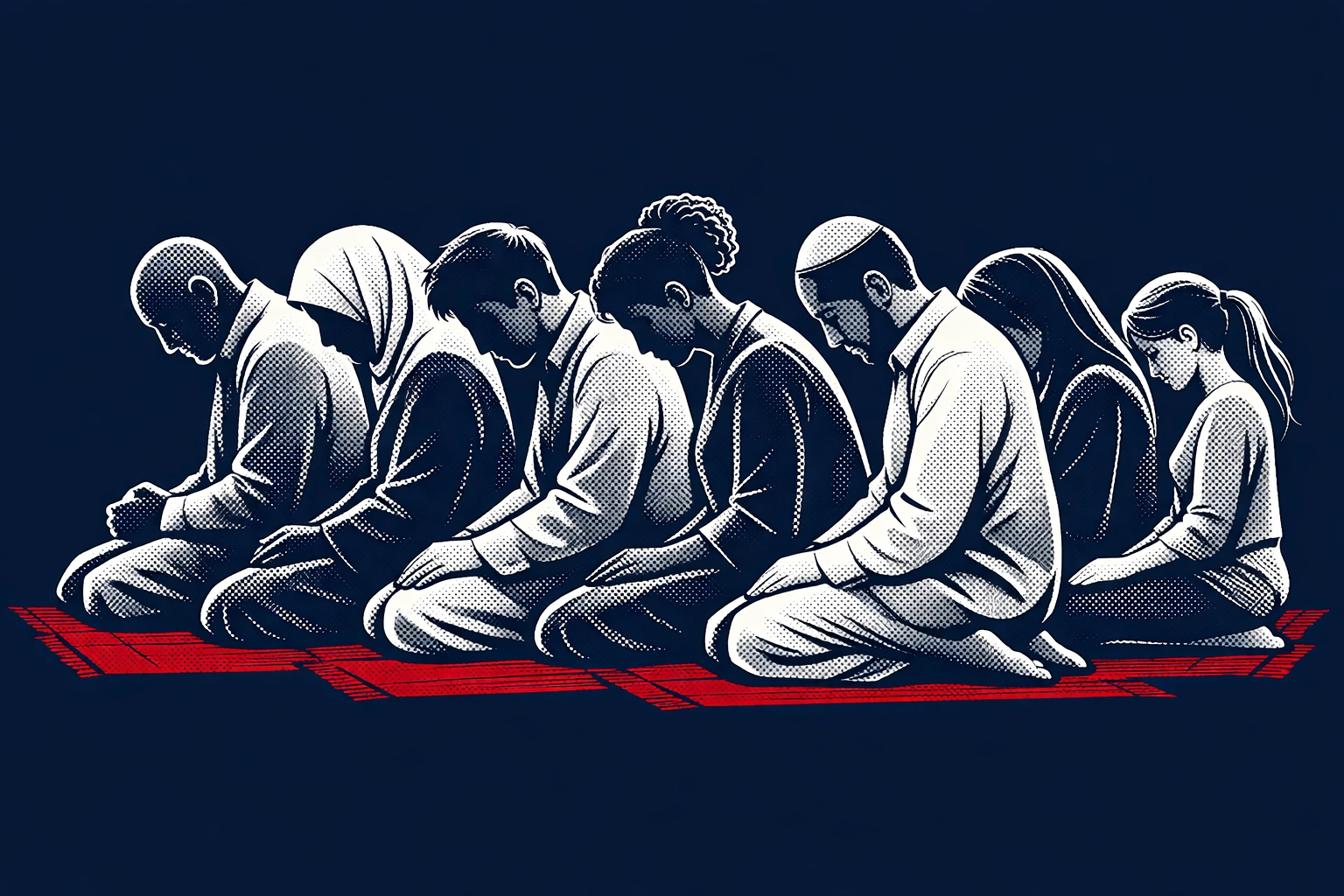 Diverse people kneeling in unified prayer for Pakistan attack victims