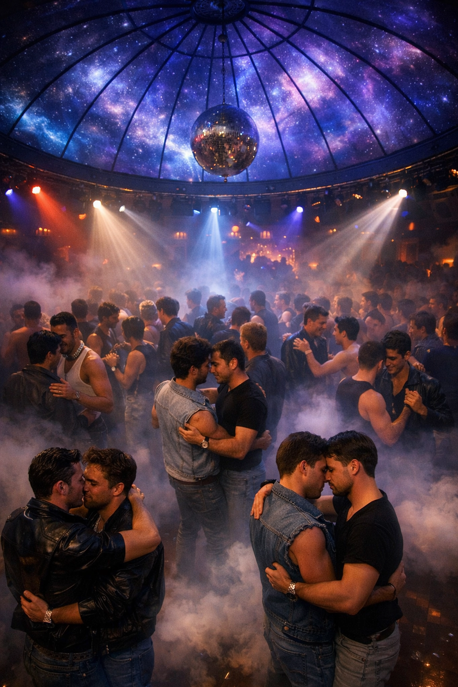 Crowded dance floor at The Saint's legendary Black Party with men in leather under cosmic dome