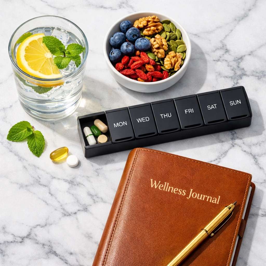 Healthy lifestyle items and a wellness journal representing a personalized GLP-1 weight loss program.