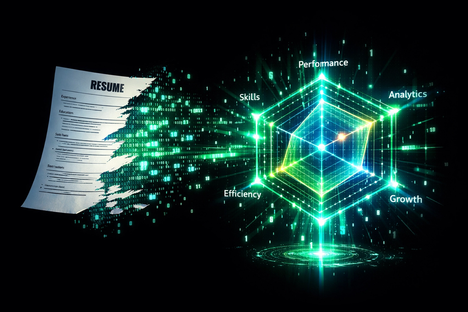 Traditional resume transforming into a data-driven AI readiness score assessment for hiring.