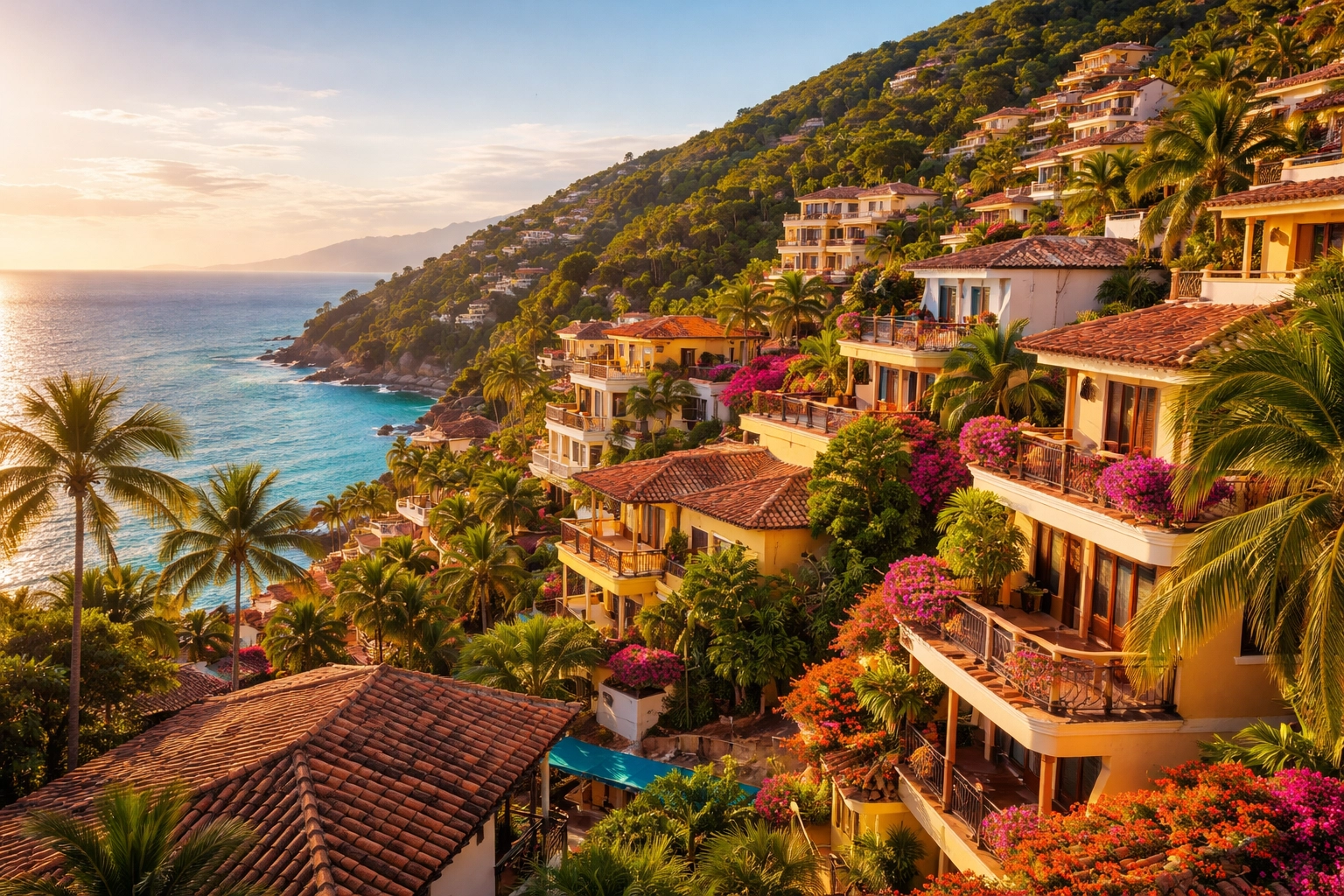 Elevated view of the peaceful Amapas neighborhood in Puerto Vallarta with ocean and hillside villas