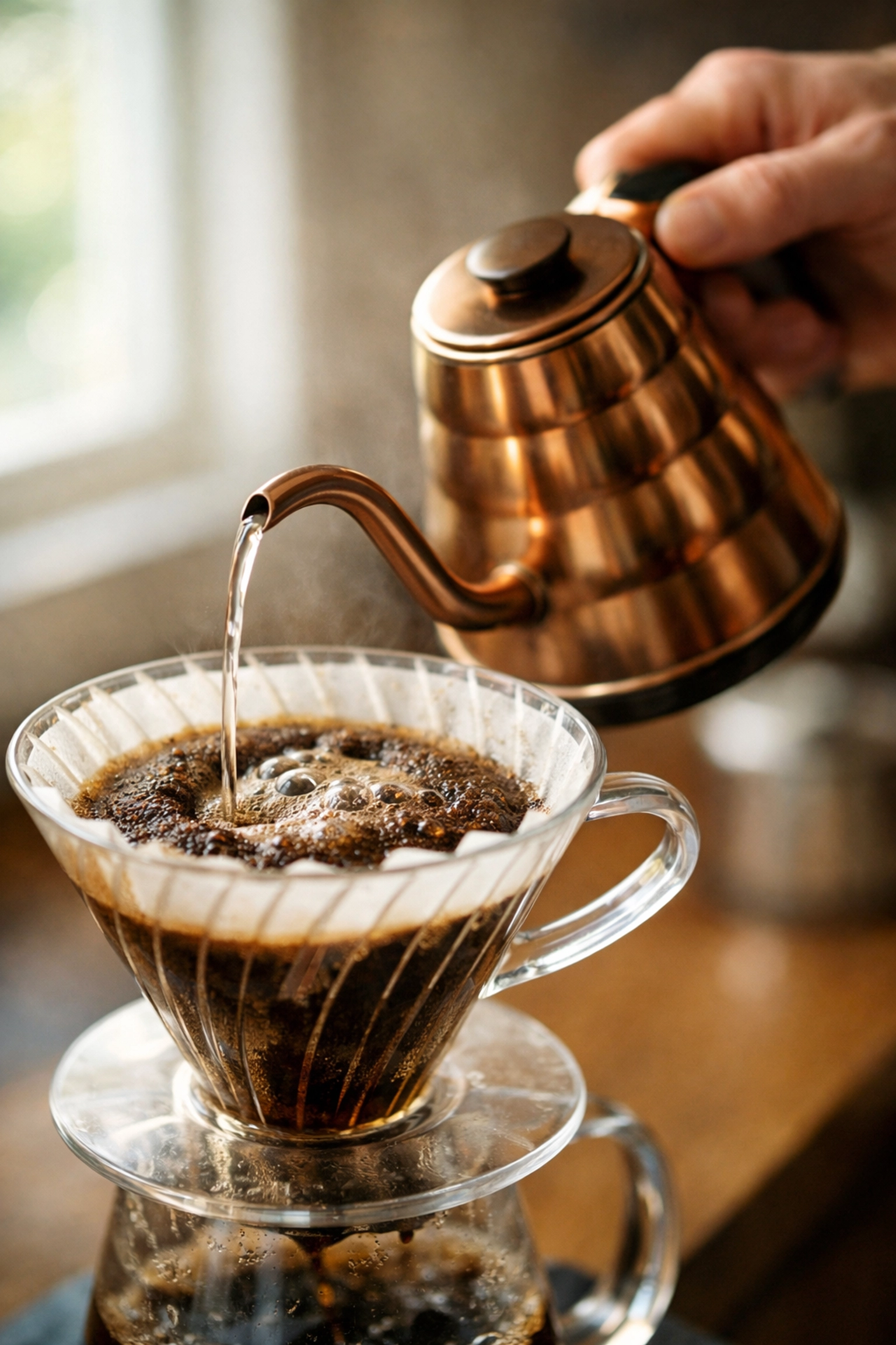 Hands pouring water from gooseneck kettle into V60 dripper for pour-over coffee