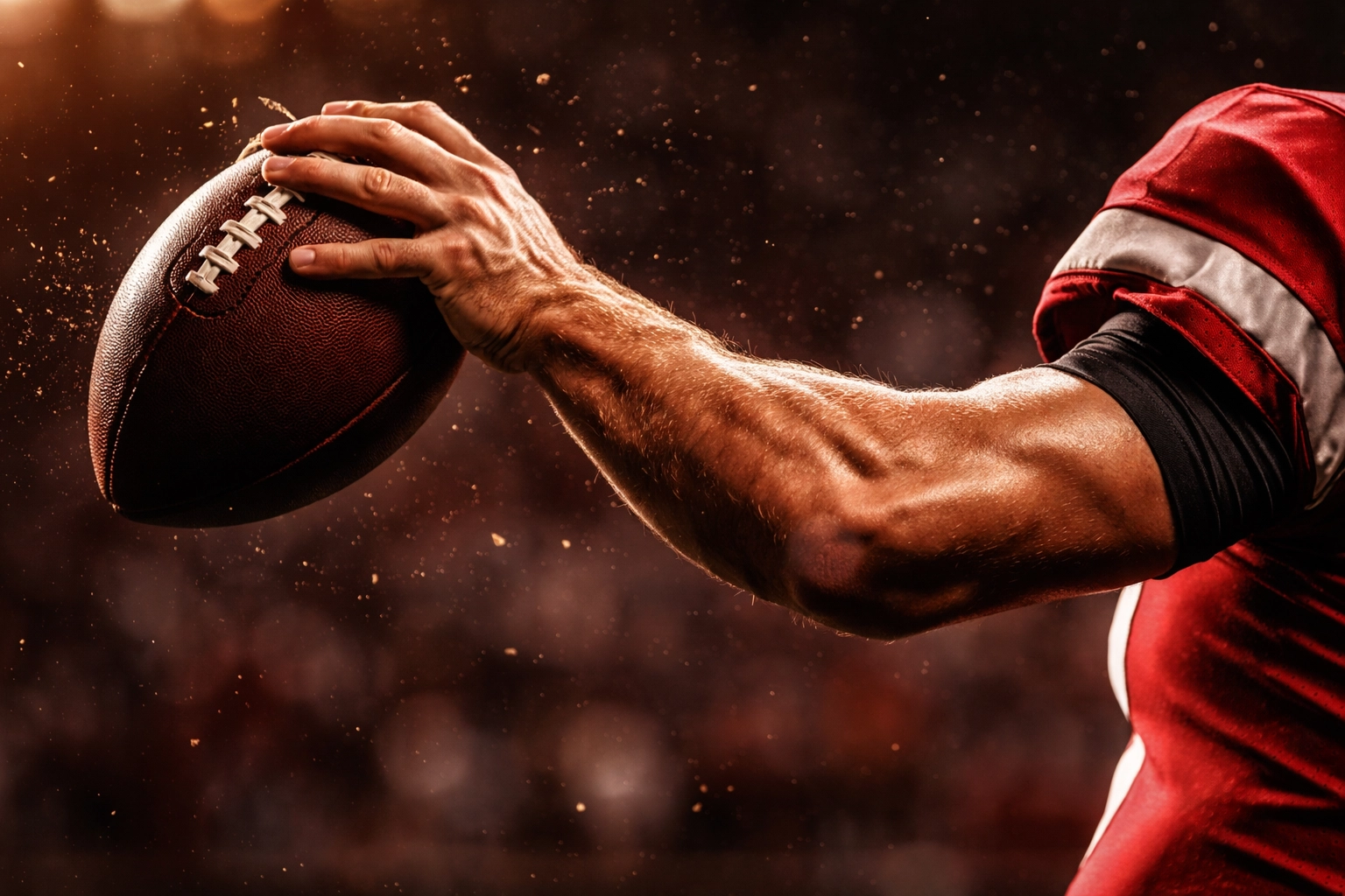 Close-up of Rutgers quarterback's arm mid-throw, highlighting grip and precision under stadium lights