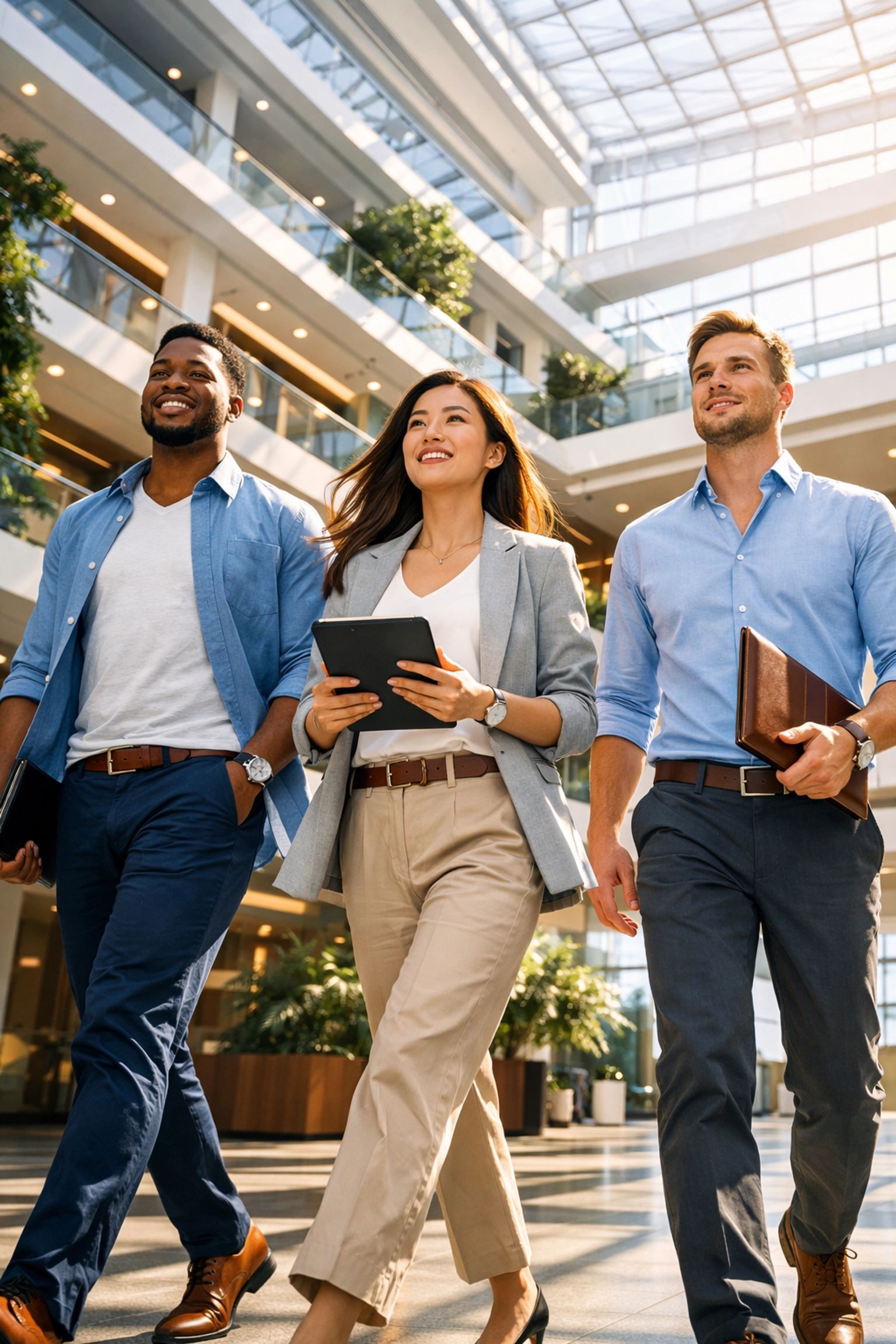 Successful career-ready professionals walking through a corporate office, representing national workforce growth.