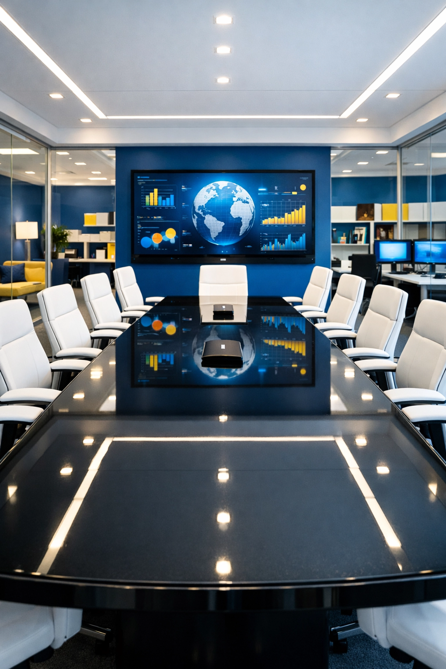 Dust-free corporate conference room in Fitchburg with a reflective glass table and organized workspace.