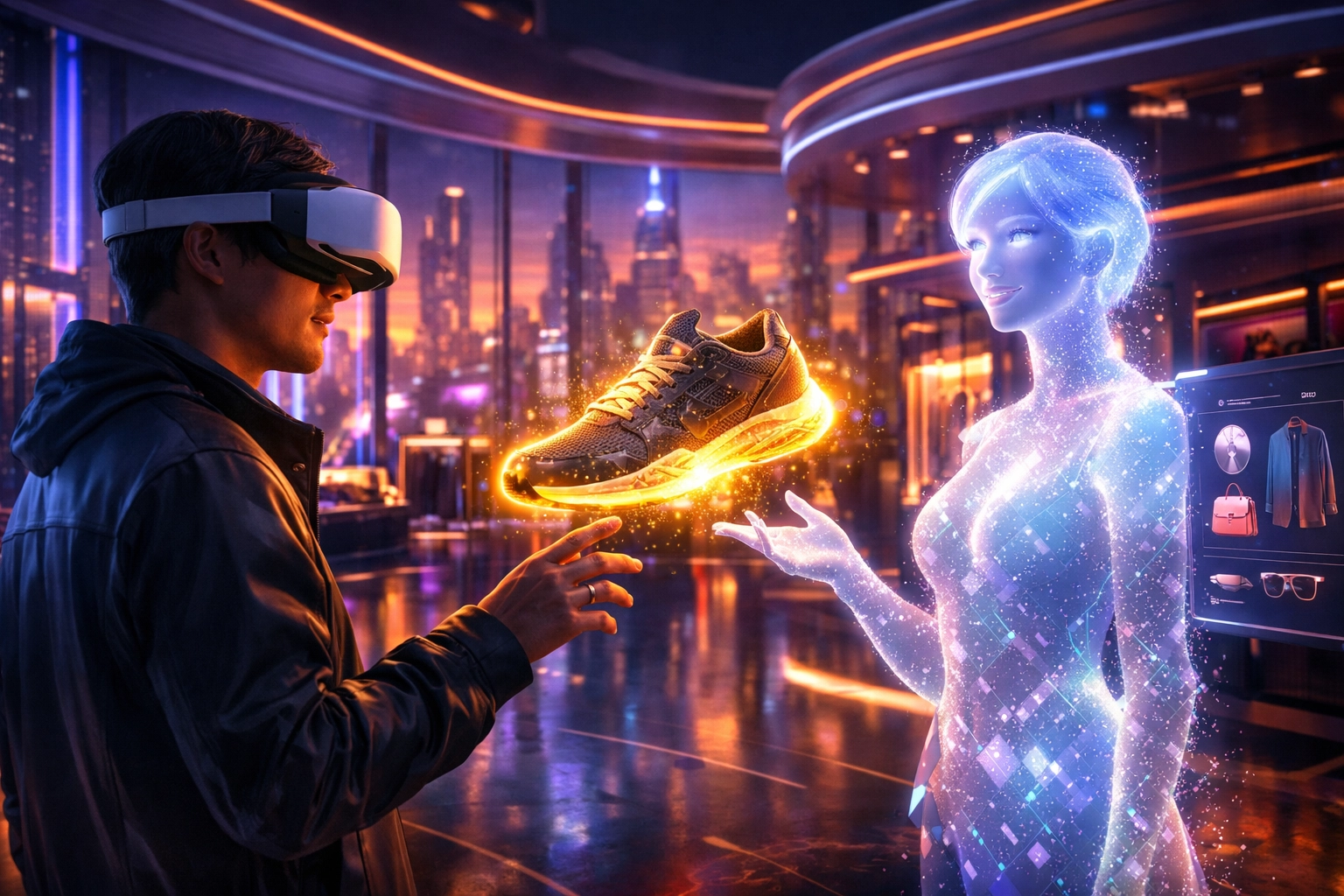 A shopper using VR to interact with an AI assistant in a virtual Web3 metaverse storefront.