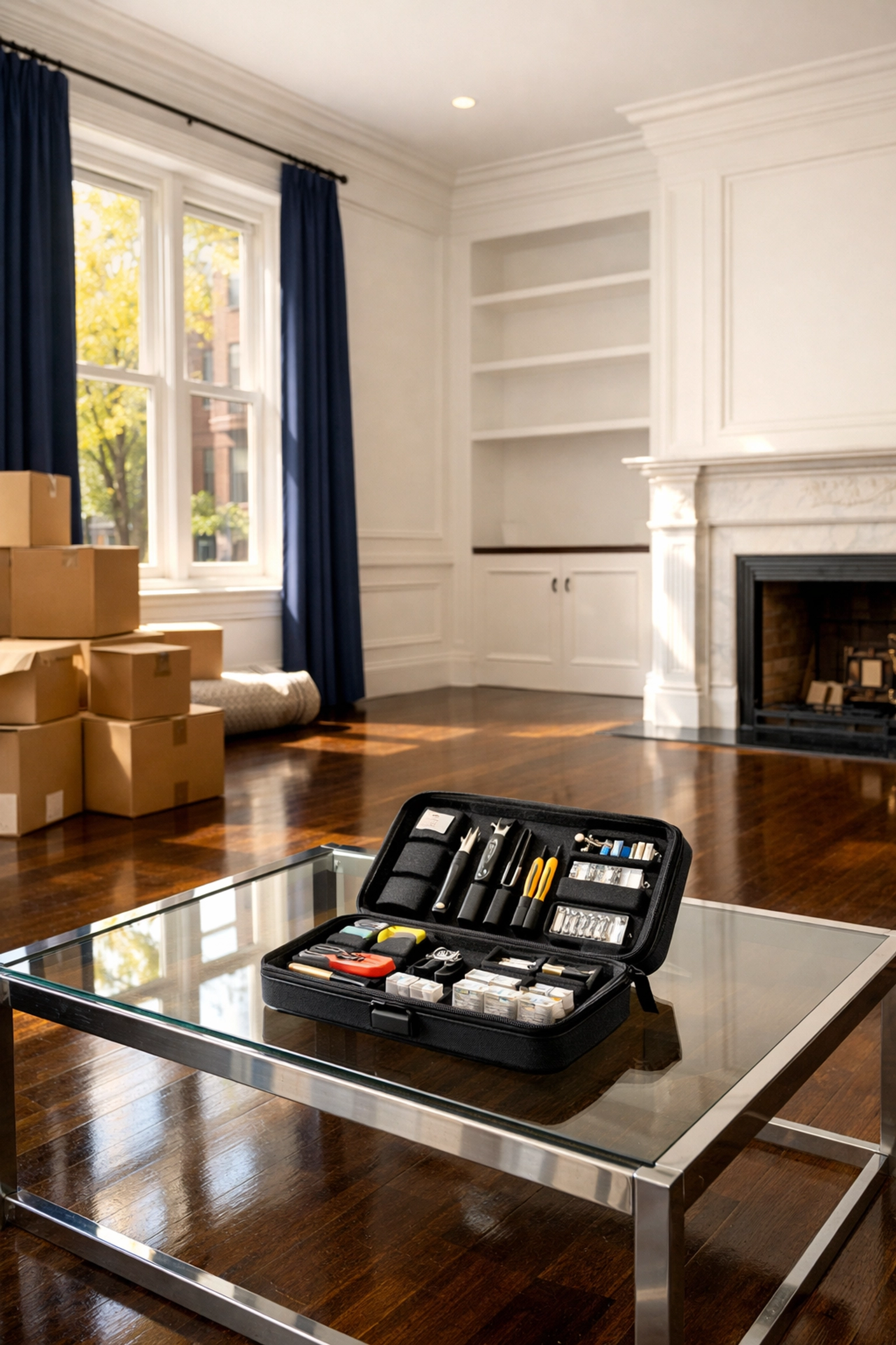 A clean Boston brownstone living room with a repair kit ready for a successful apartment move-out.