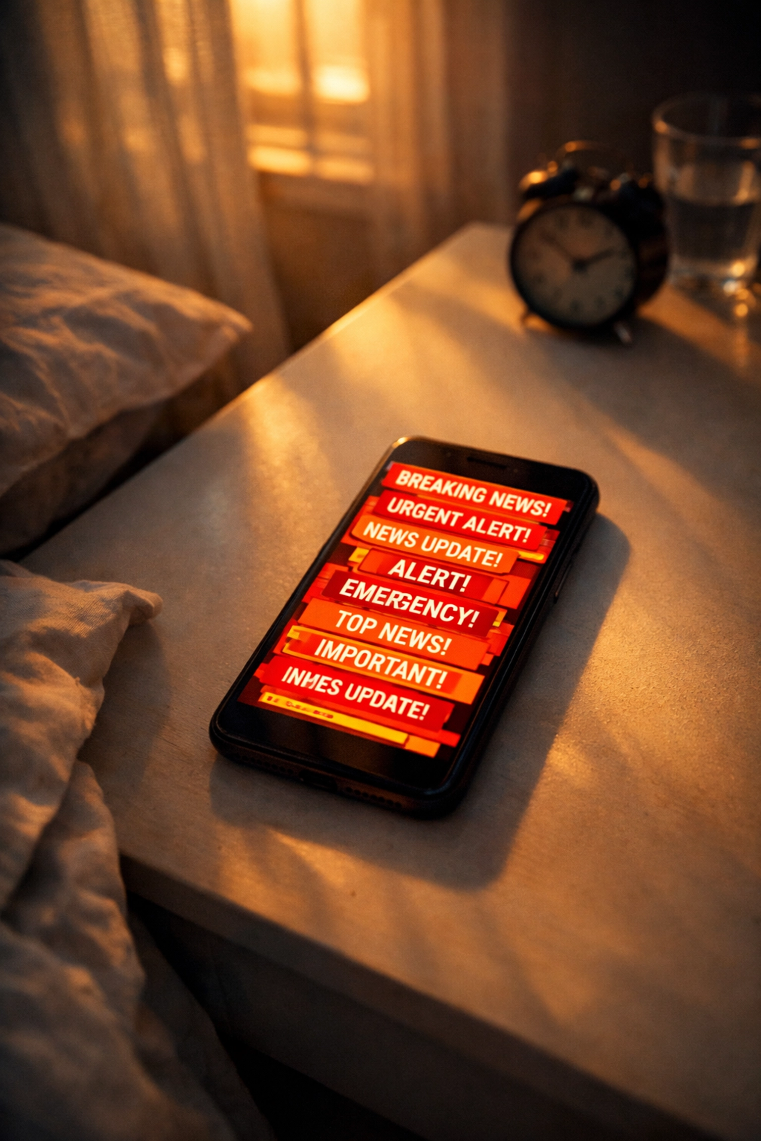 Smartphone with overwhelming news alerts on bedside table causing morning anxiety