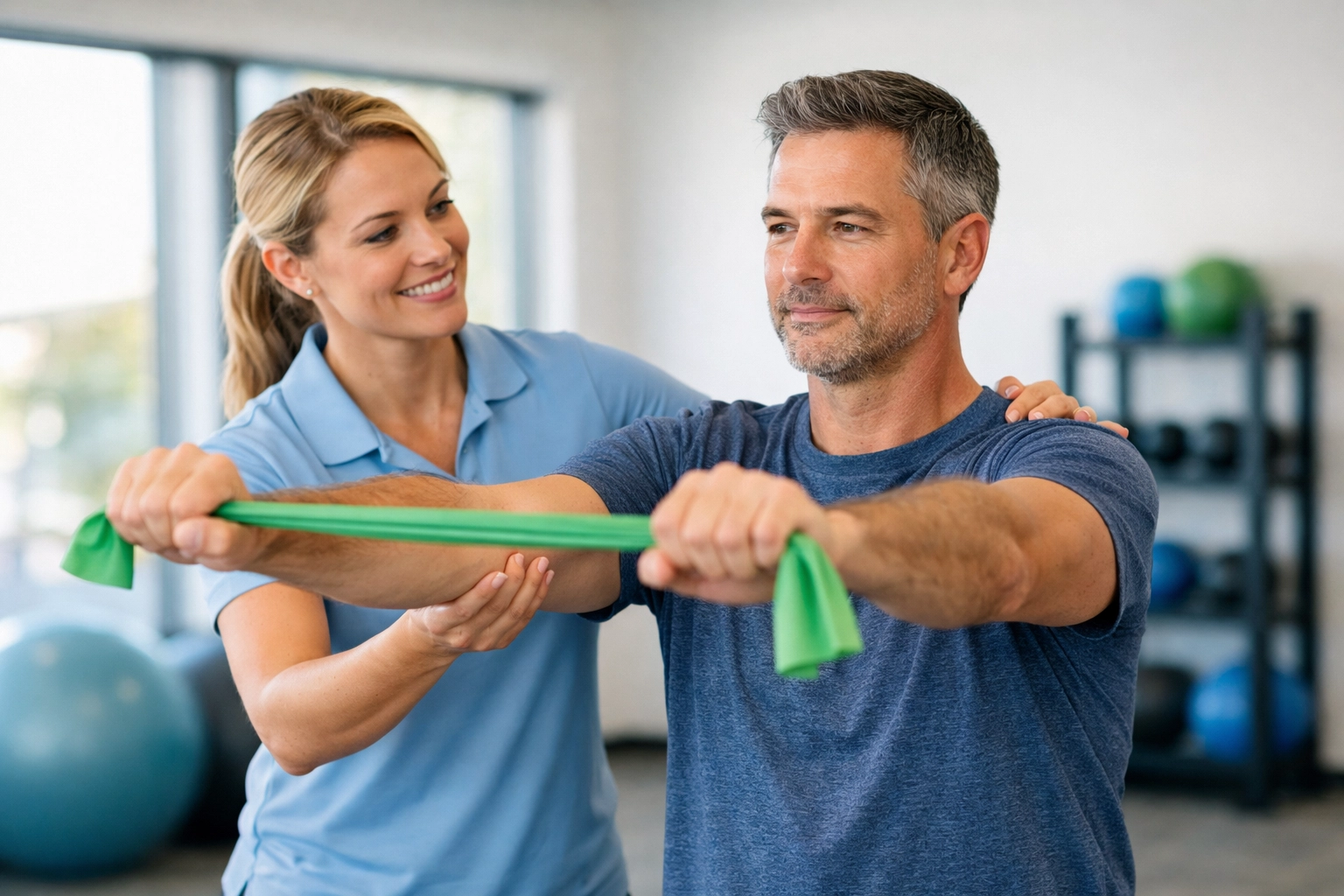 Physical therapist guiding patient through shoulder rehabilitation exercises with a resistance band